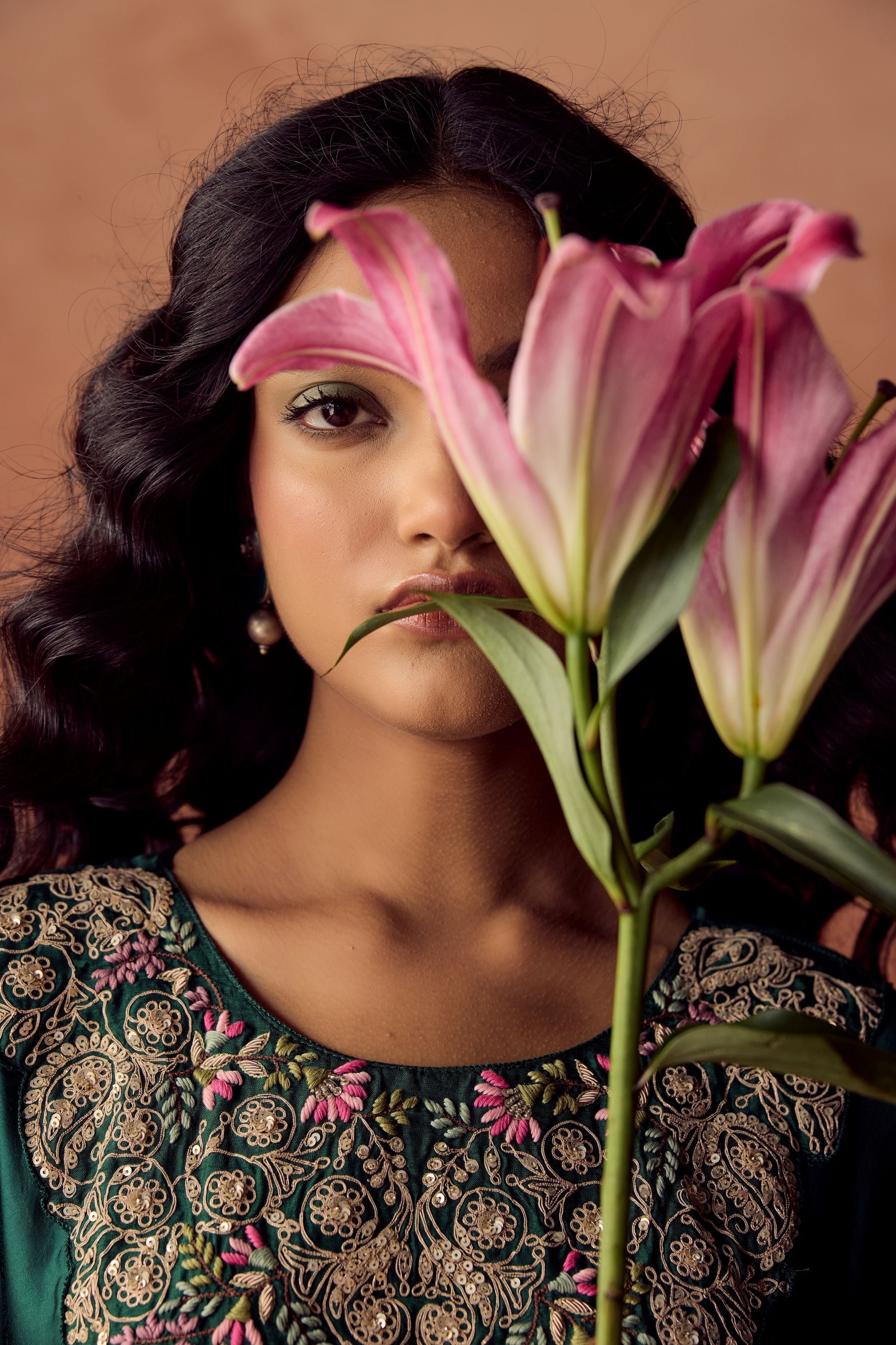 Dark Green Embellished Satin Silk Kaftan Set