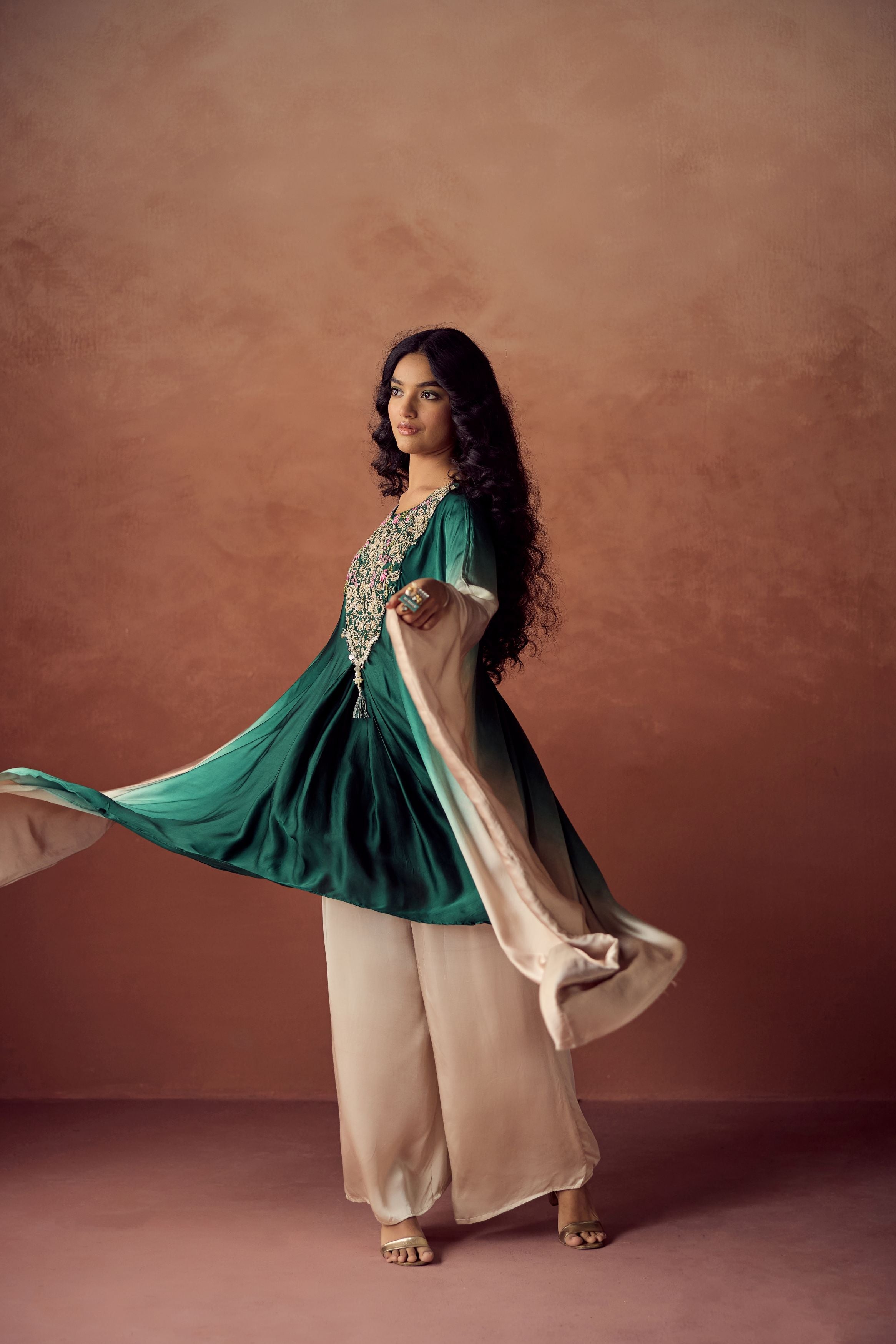 Dark Green Embellished Satin Silk Kaftan Set