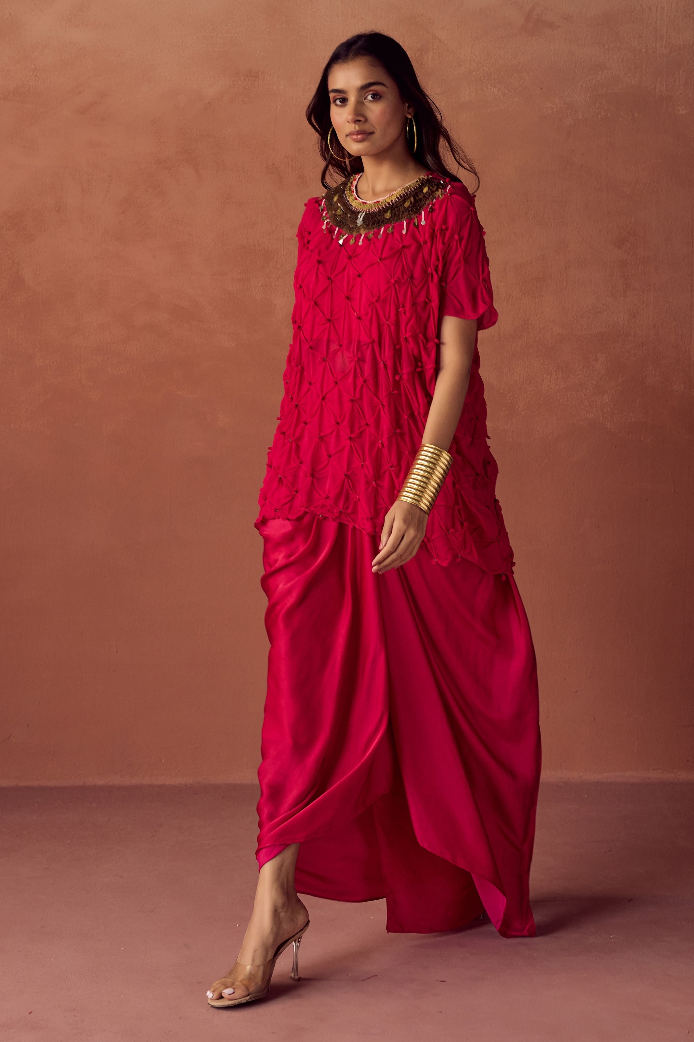 Deep Fuchsia Pink Embellished Georgette Silk Skirt Set