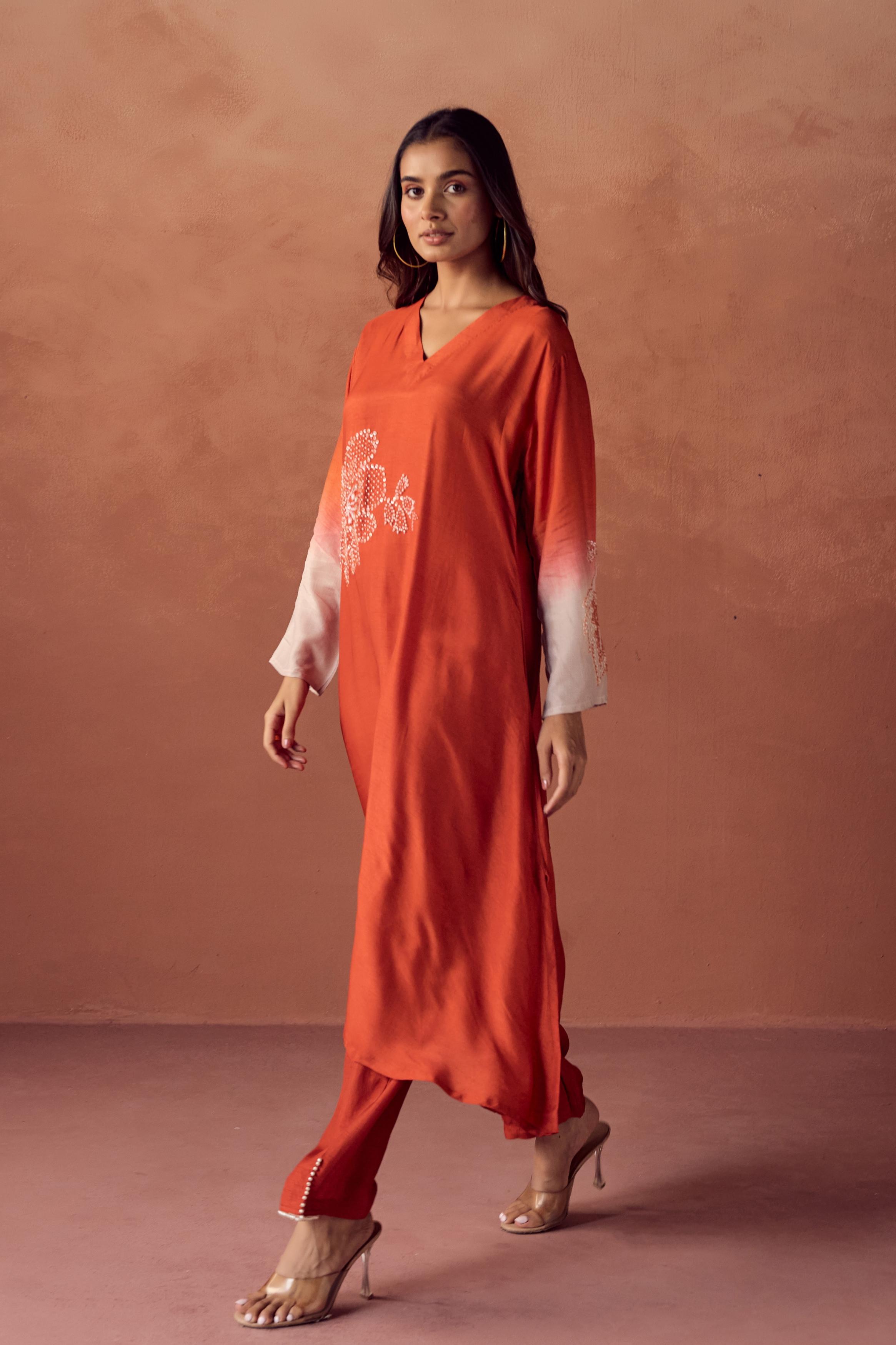 Sunset Orange Embellished Raw Silk Pant Set