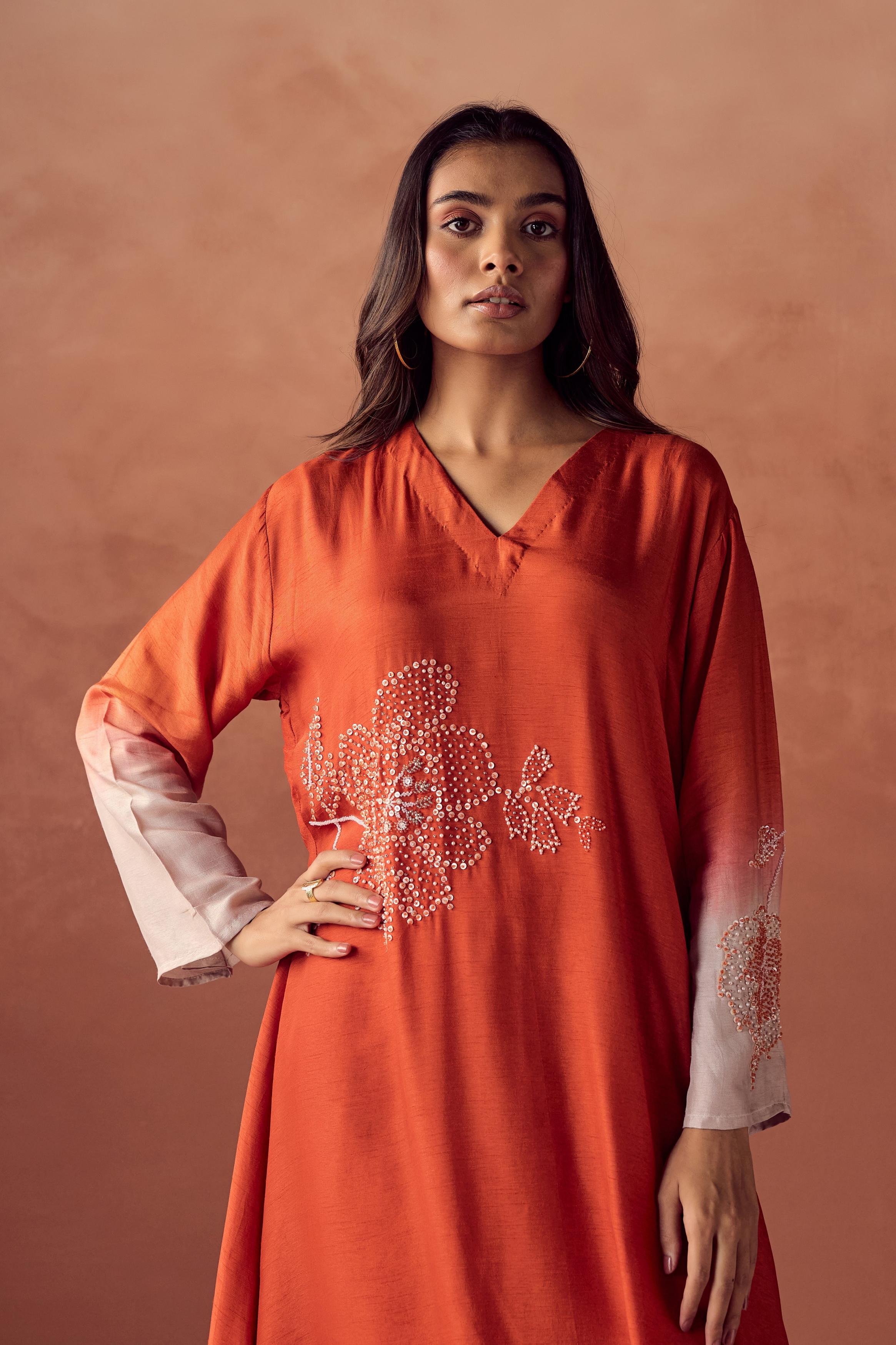 Sunset Orange Embellished Raw Silk Pant Set