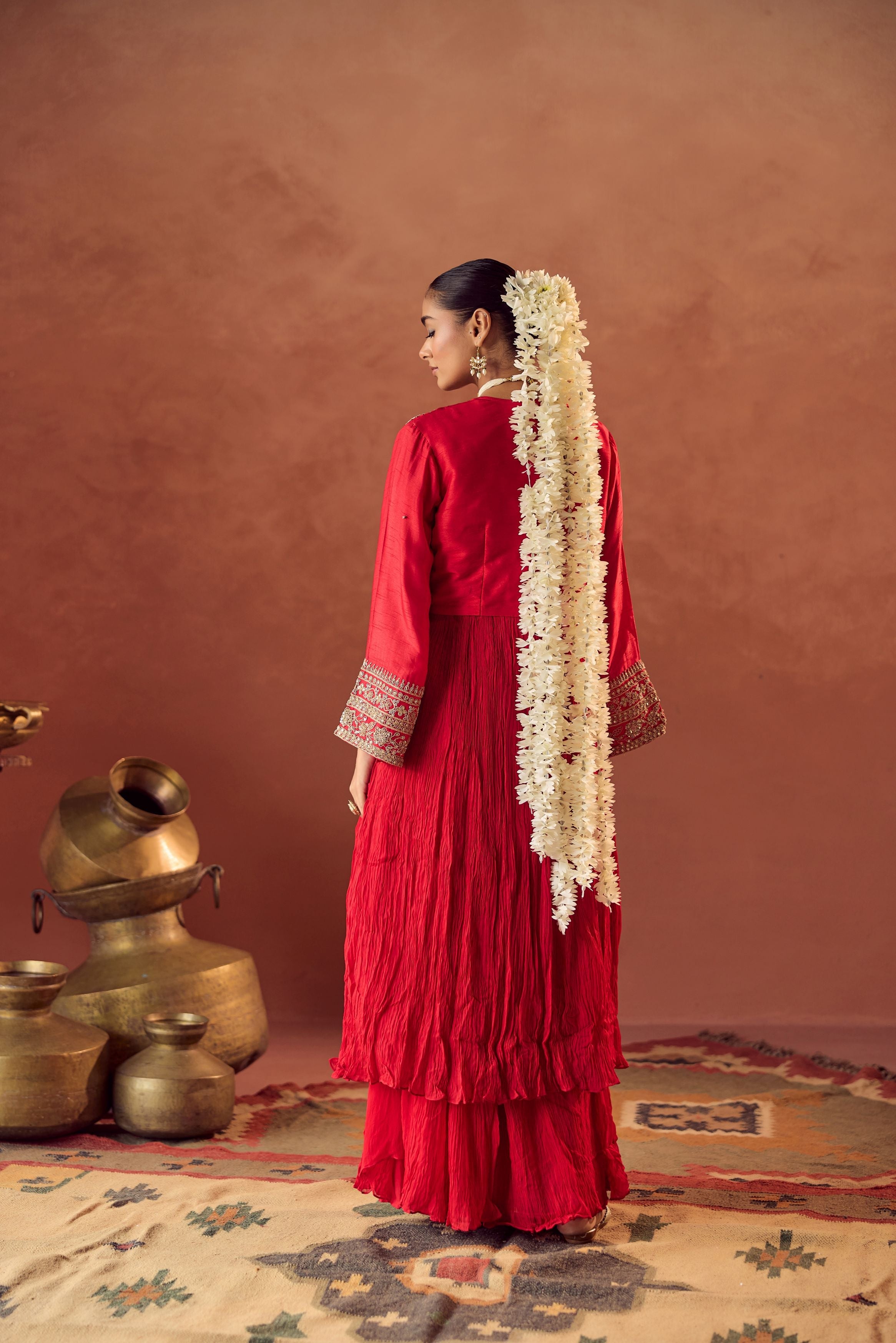 Crimson Red Embellished Georgette Silk Palazzo Set