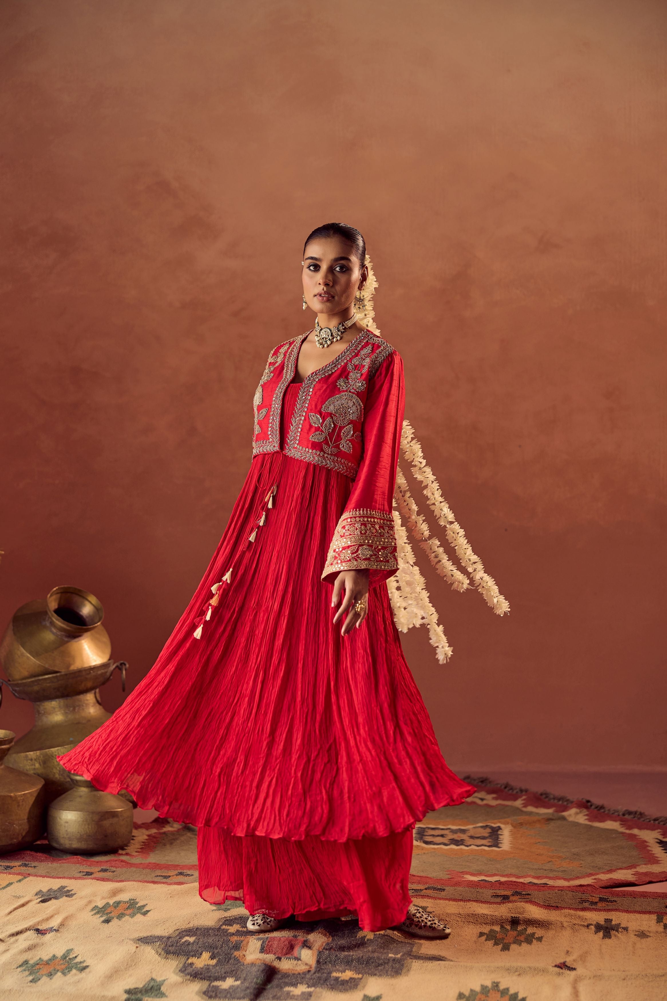 Crimson Red Embellished Georgette Silk Palazzo Set