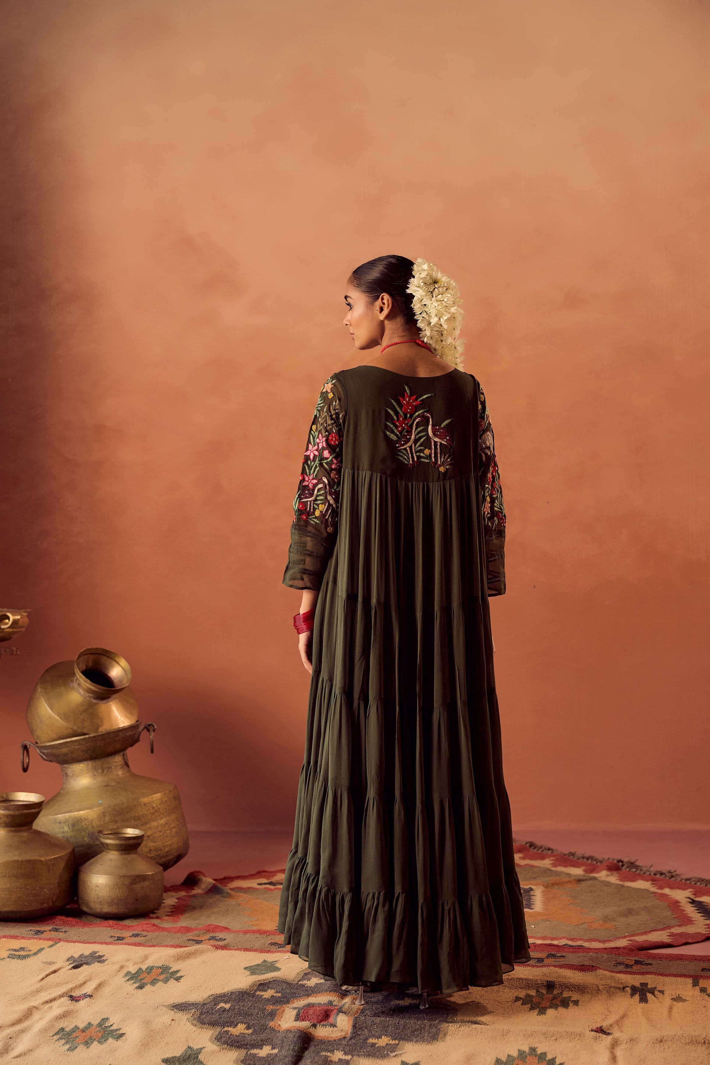 Bottle Green Embroidered Georgette Silk Anarkali Gown