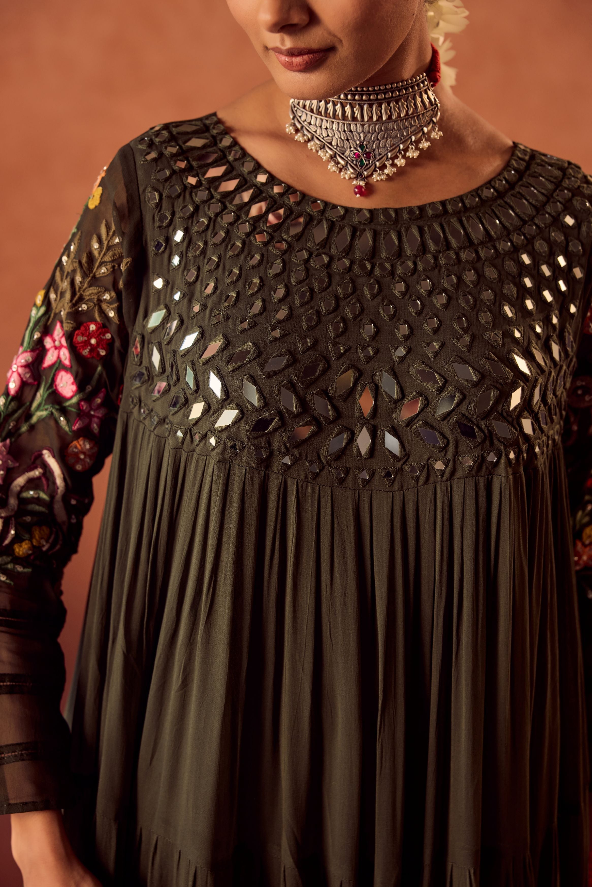 Bottle Green Embroidered Georgette Silk Anarkali Gown