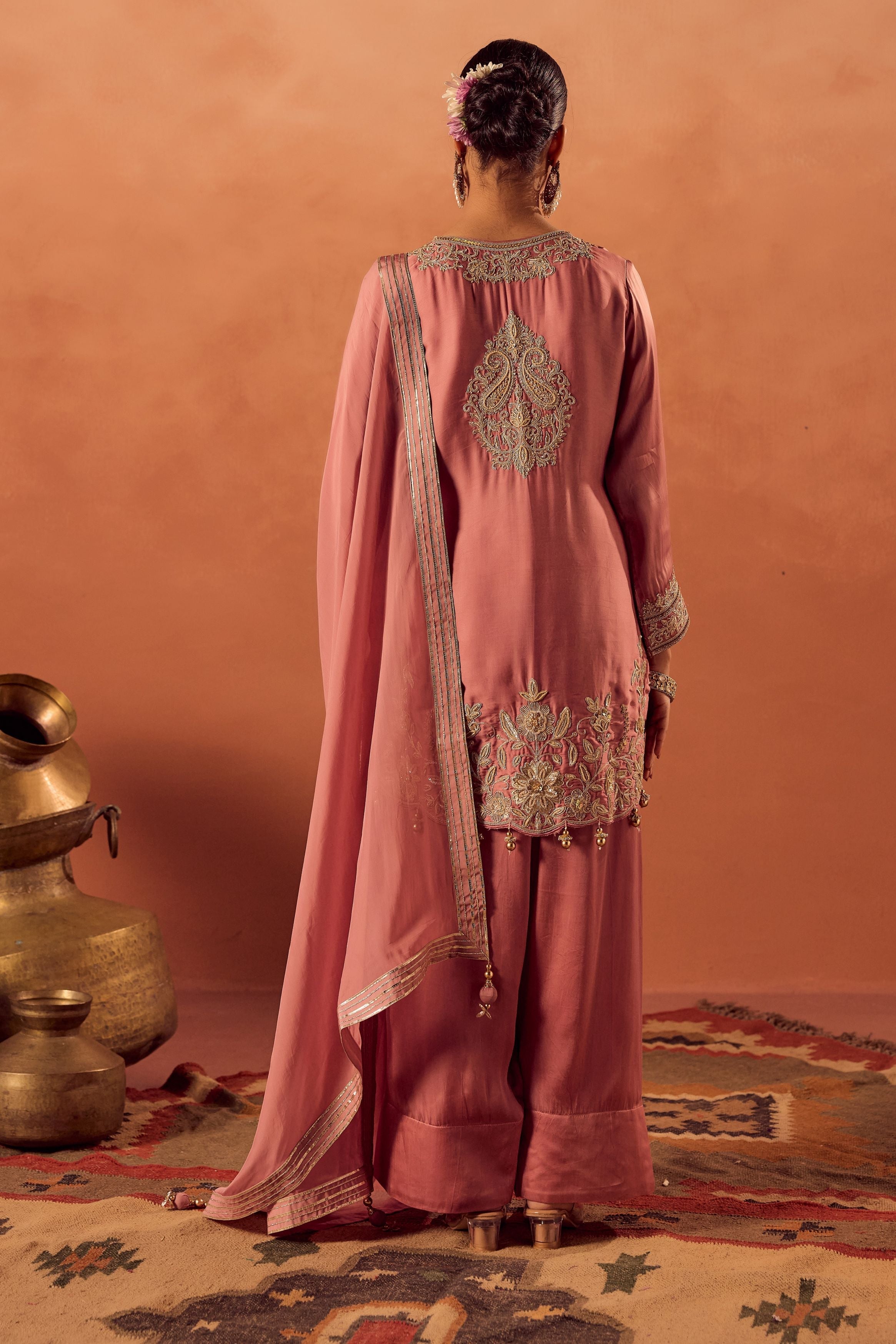 Soft Pink Embellished Satin Silk Palazzo Set