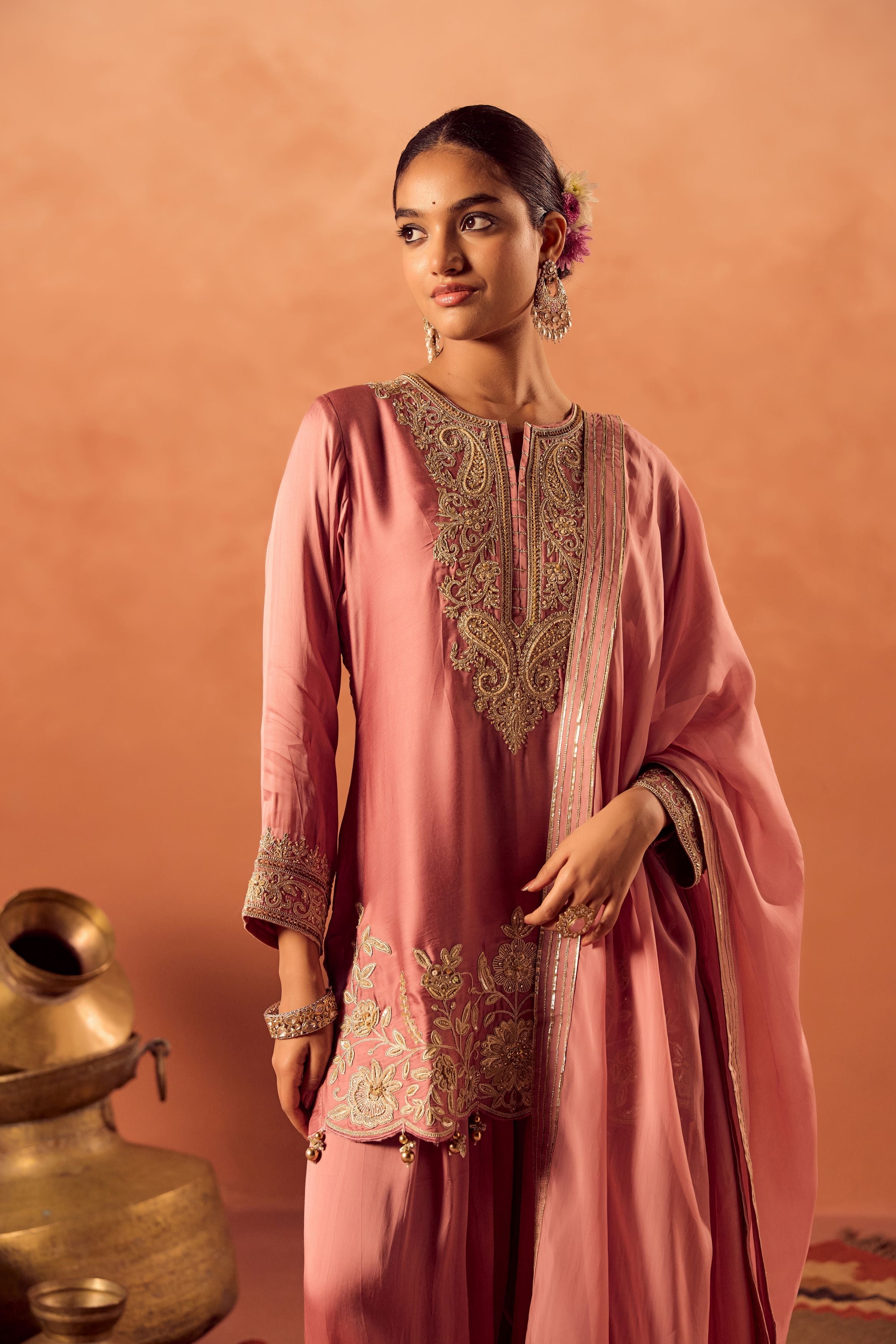 Soft Pink Embellished Satin Silk Palazzo Set