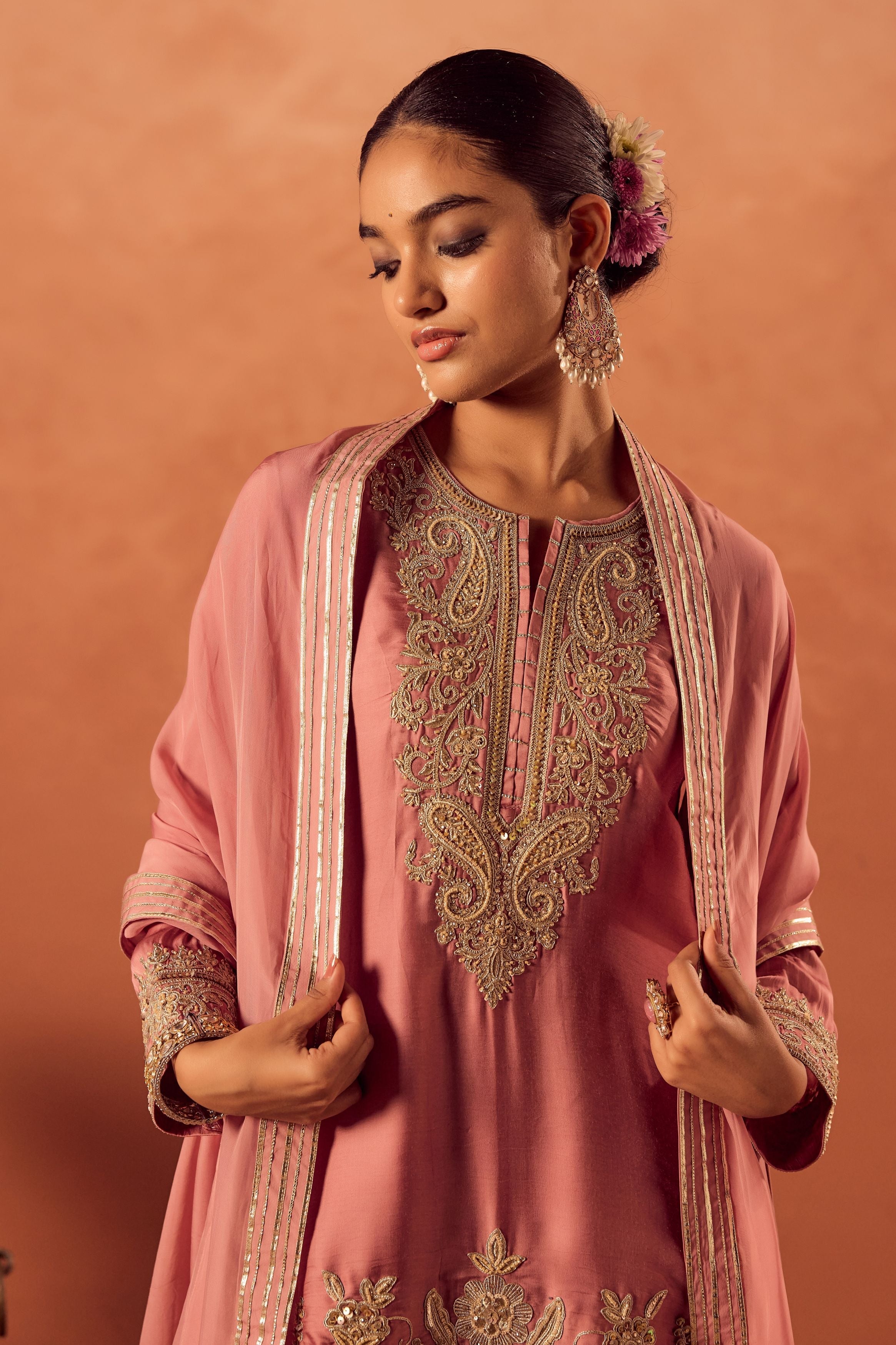 Soft Pink Embellished Satin Silk Palazzo Set
