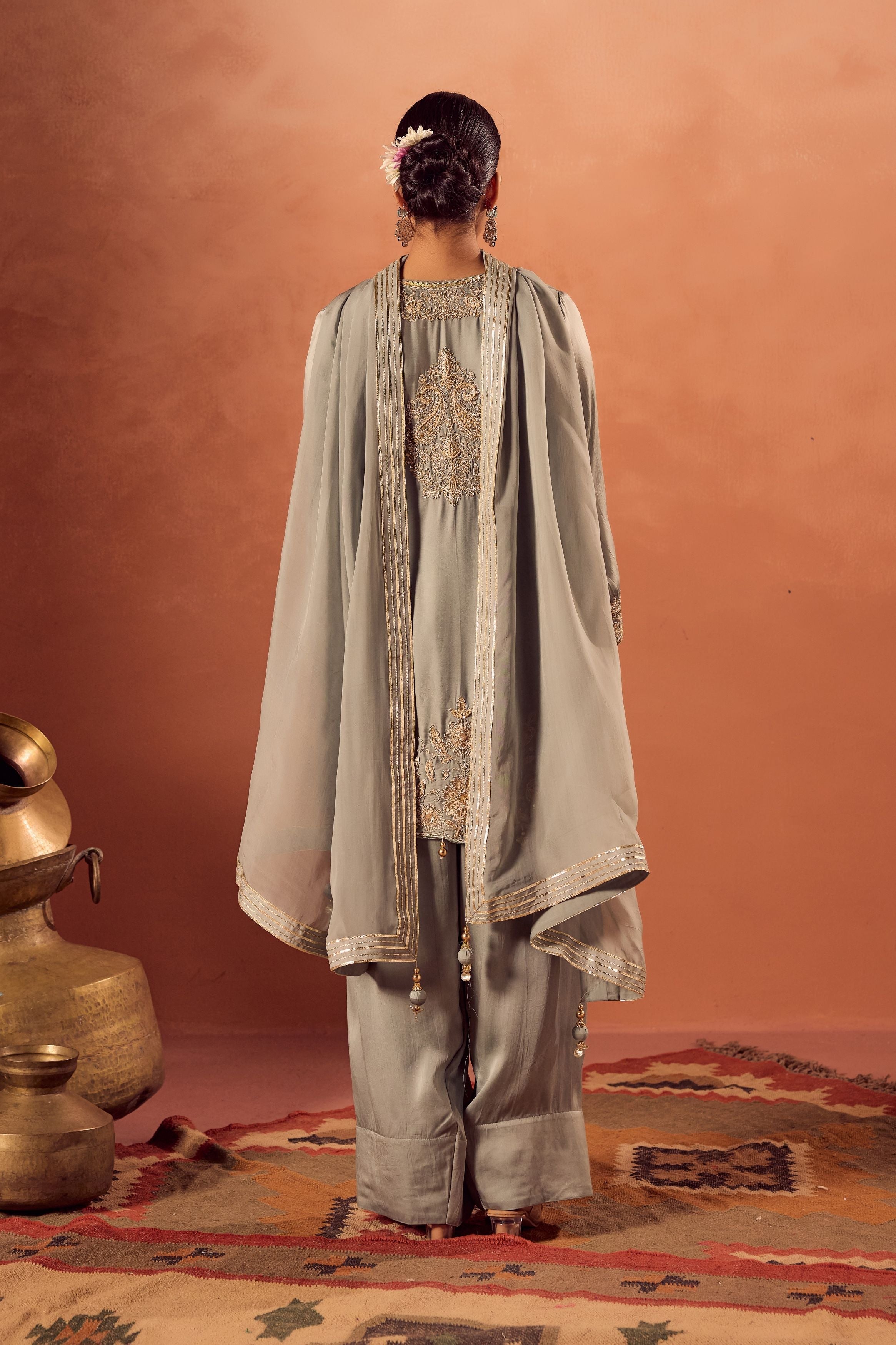 Pastel Teal Embellished Satin Silk Palazzo Set