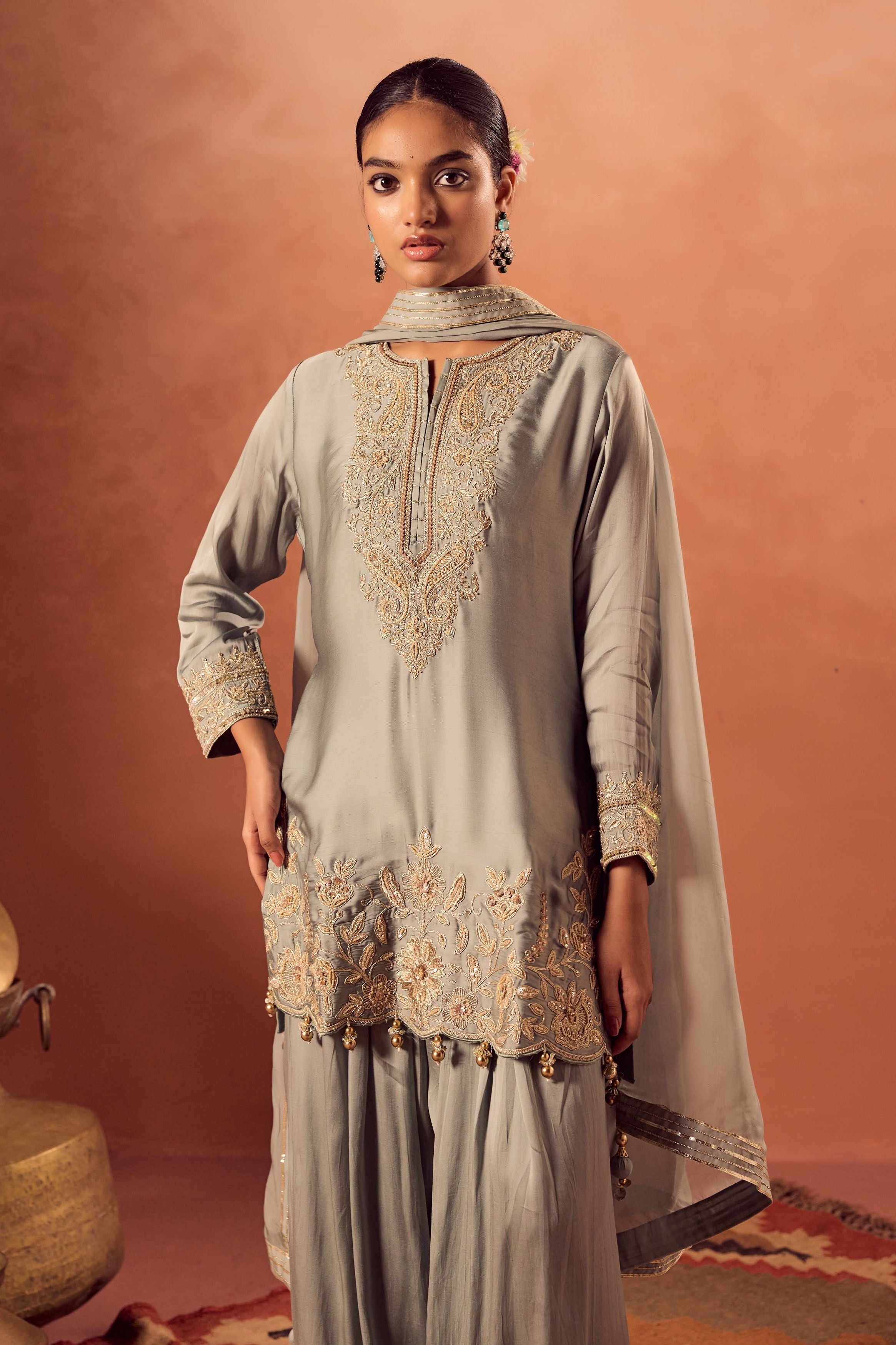 Pastel Teal Embellished Satin Silk Palazzo Set