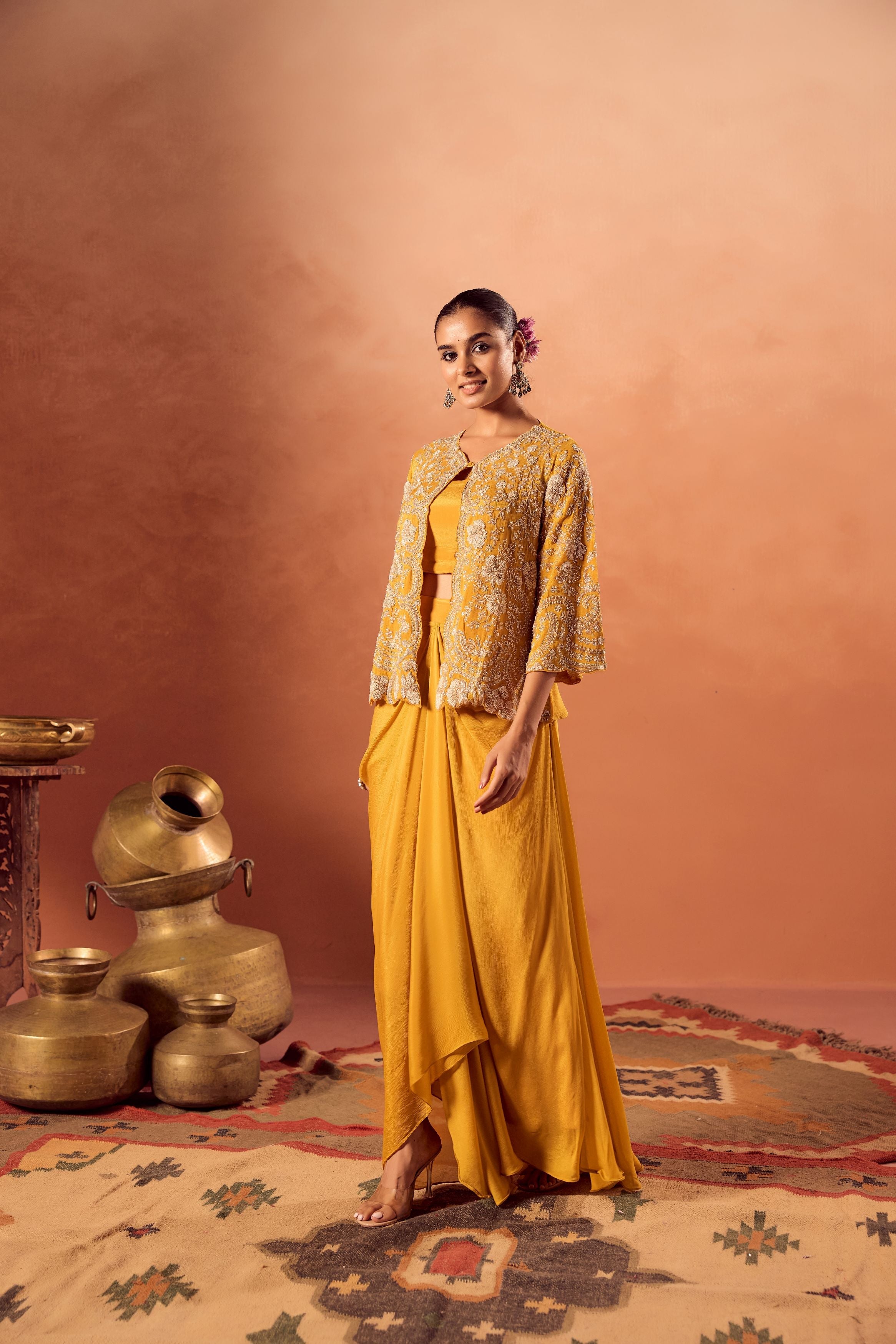 Bright Mustard Embellished Chinon Silk Skirt Set