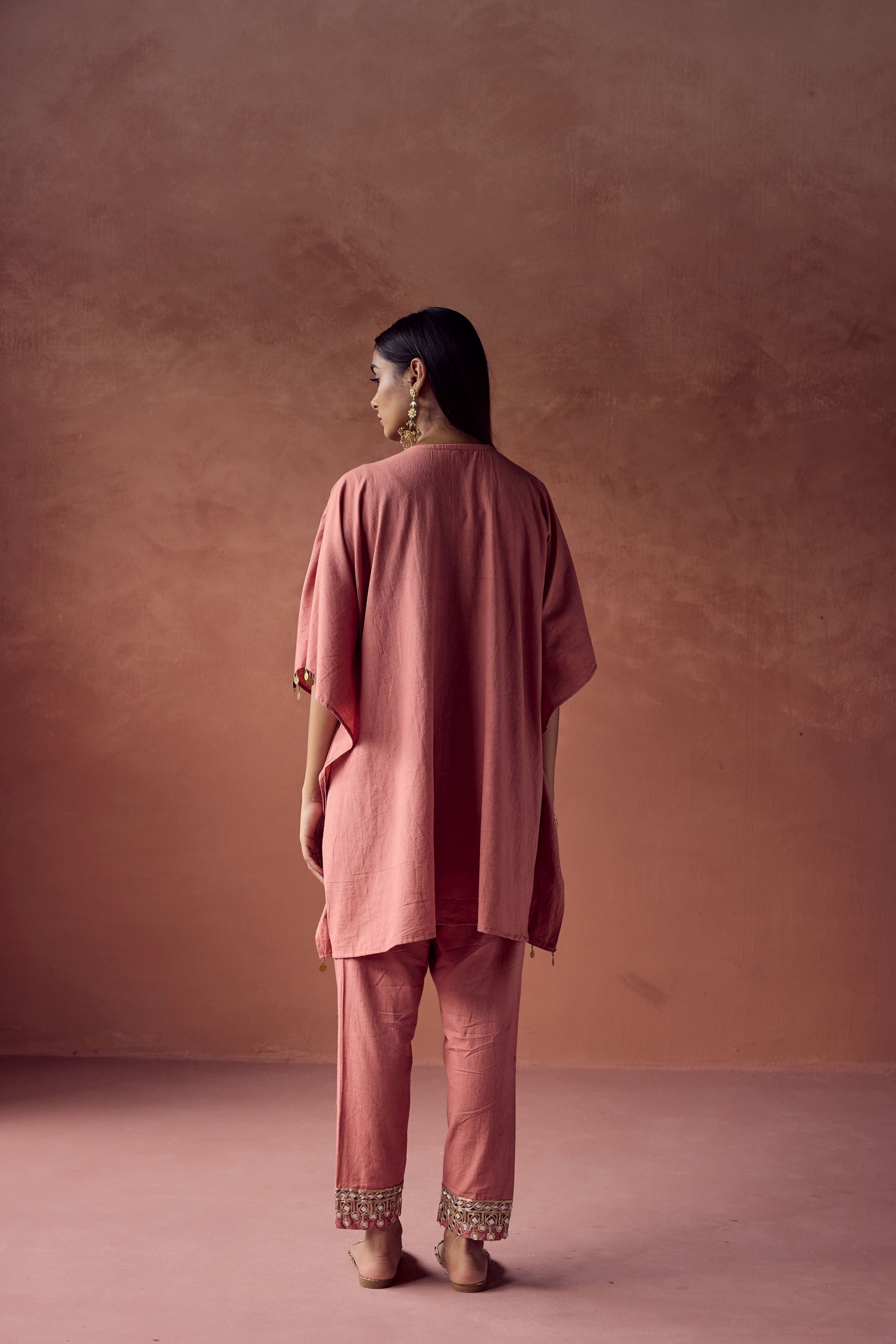 Soft Peach Embellished Organic Cotton Kaftan Set