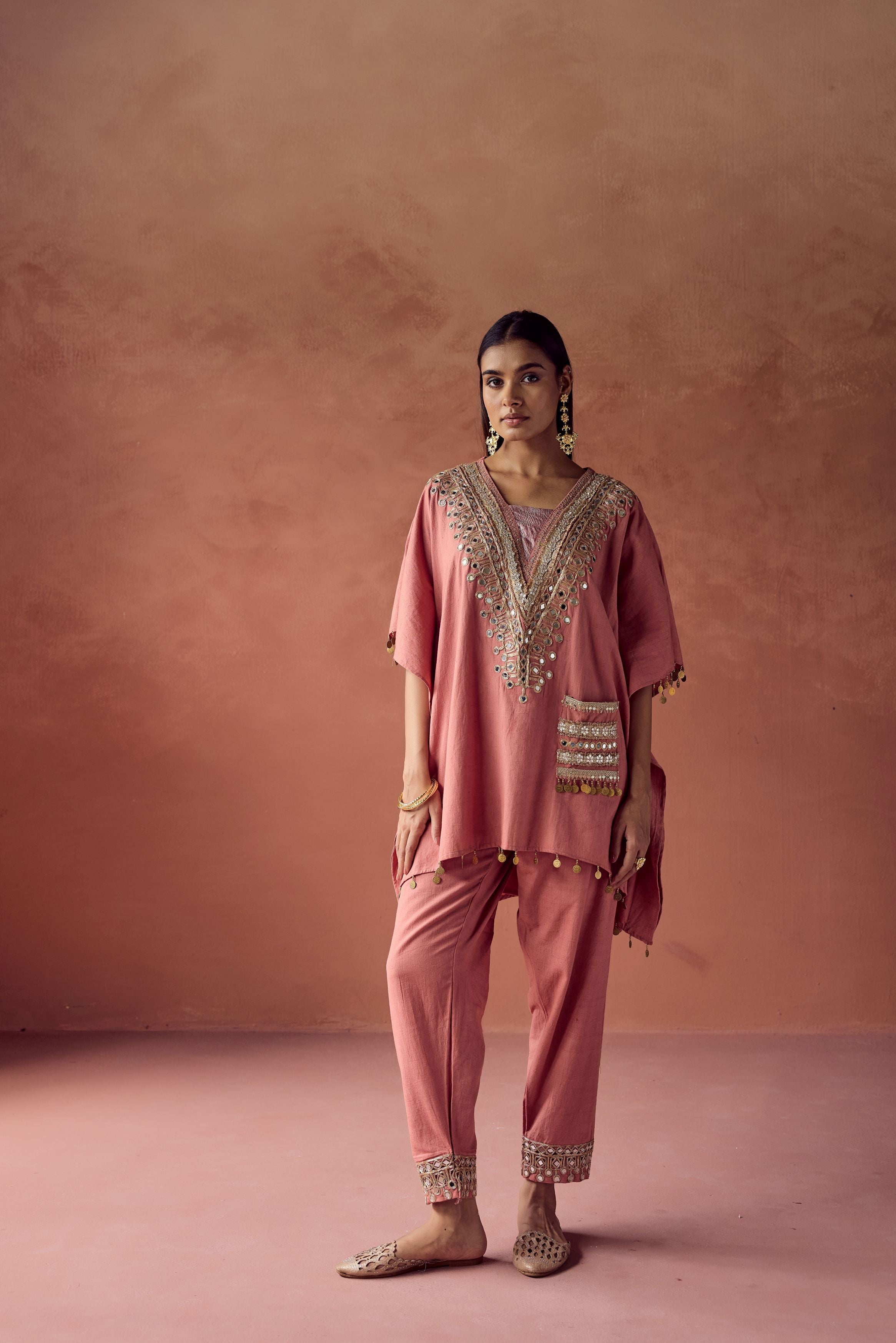 Soft Peach Embellished Organic Cotton Kaftan Set