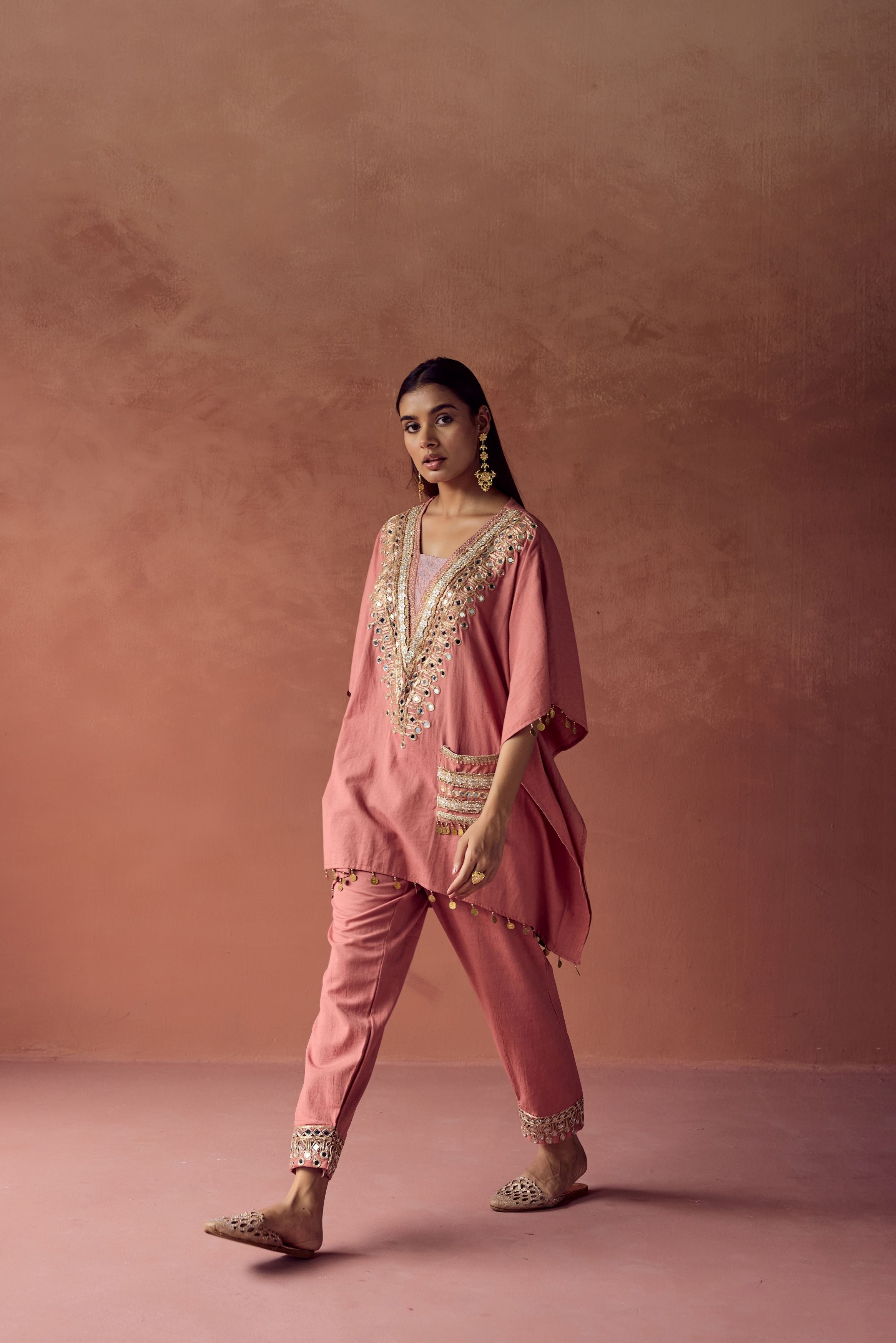 Soft Peach Embellished Organic Cotton Kaftan Set
