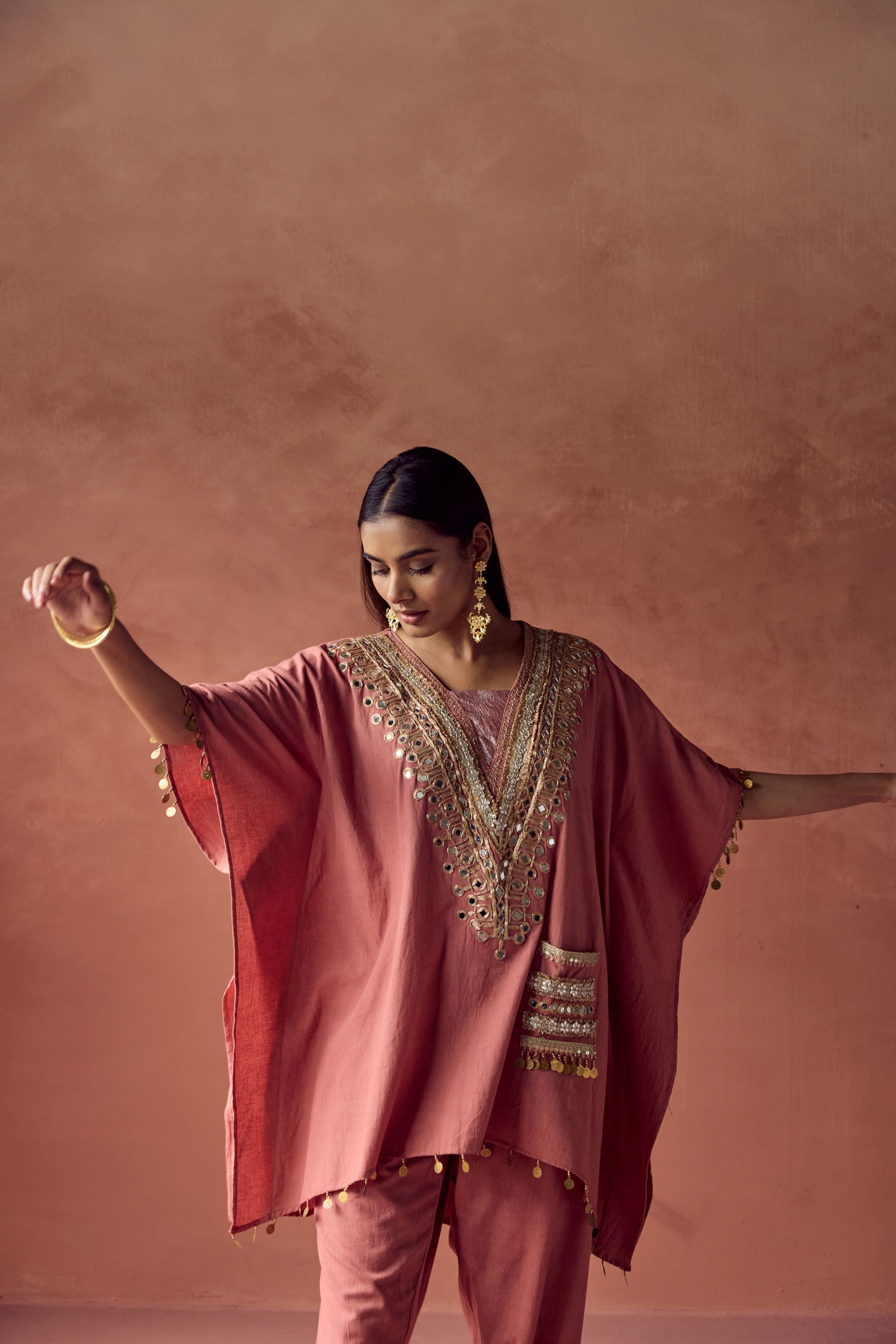 Soft Peach Embellished Organic Cotton Kaftan Set