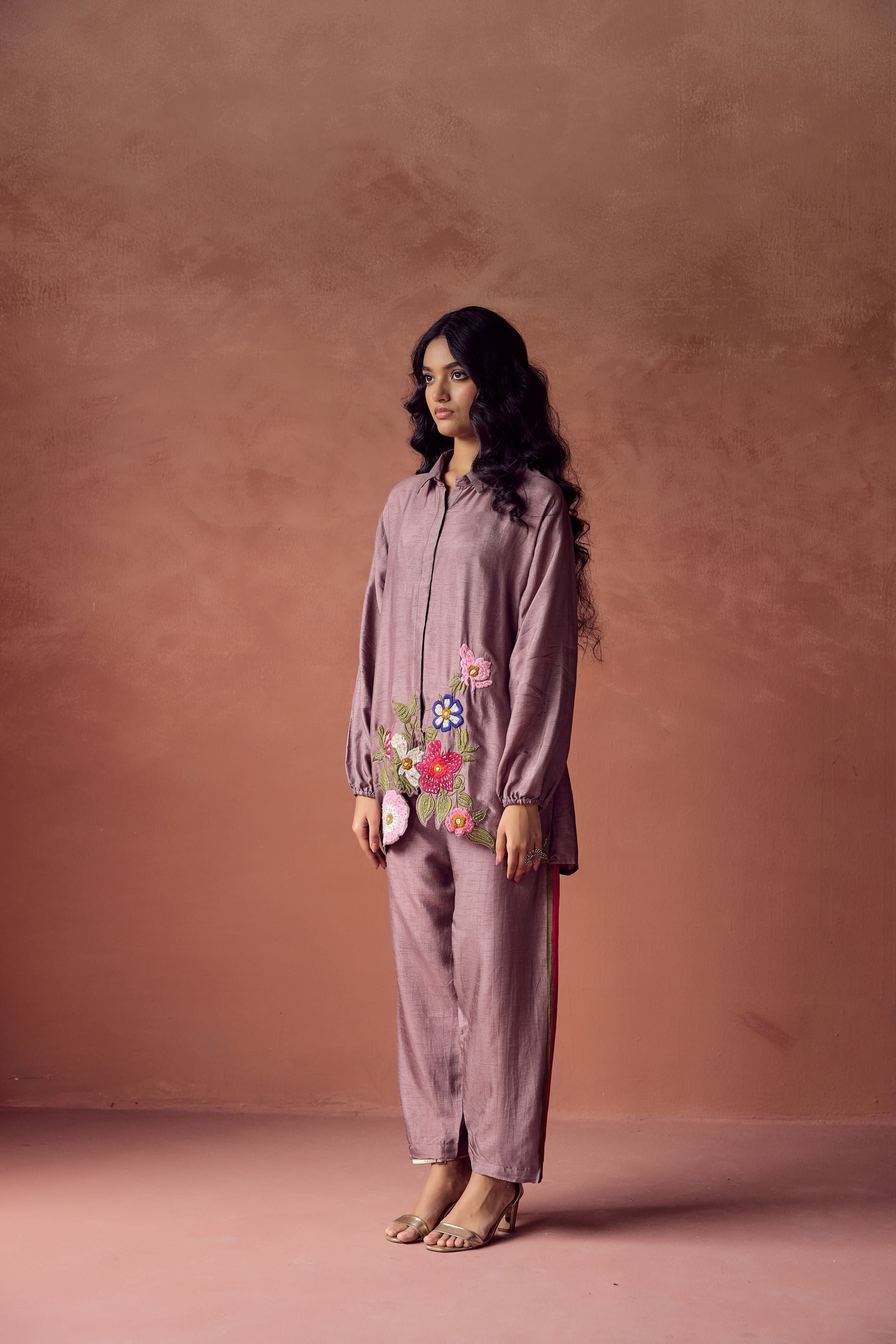 Dusty Mauve Embroidered Raw Silk Co- Ord Set