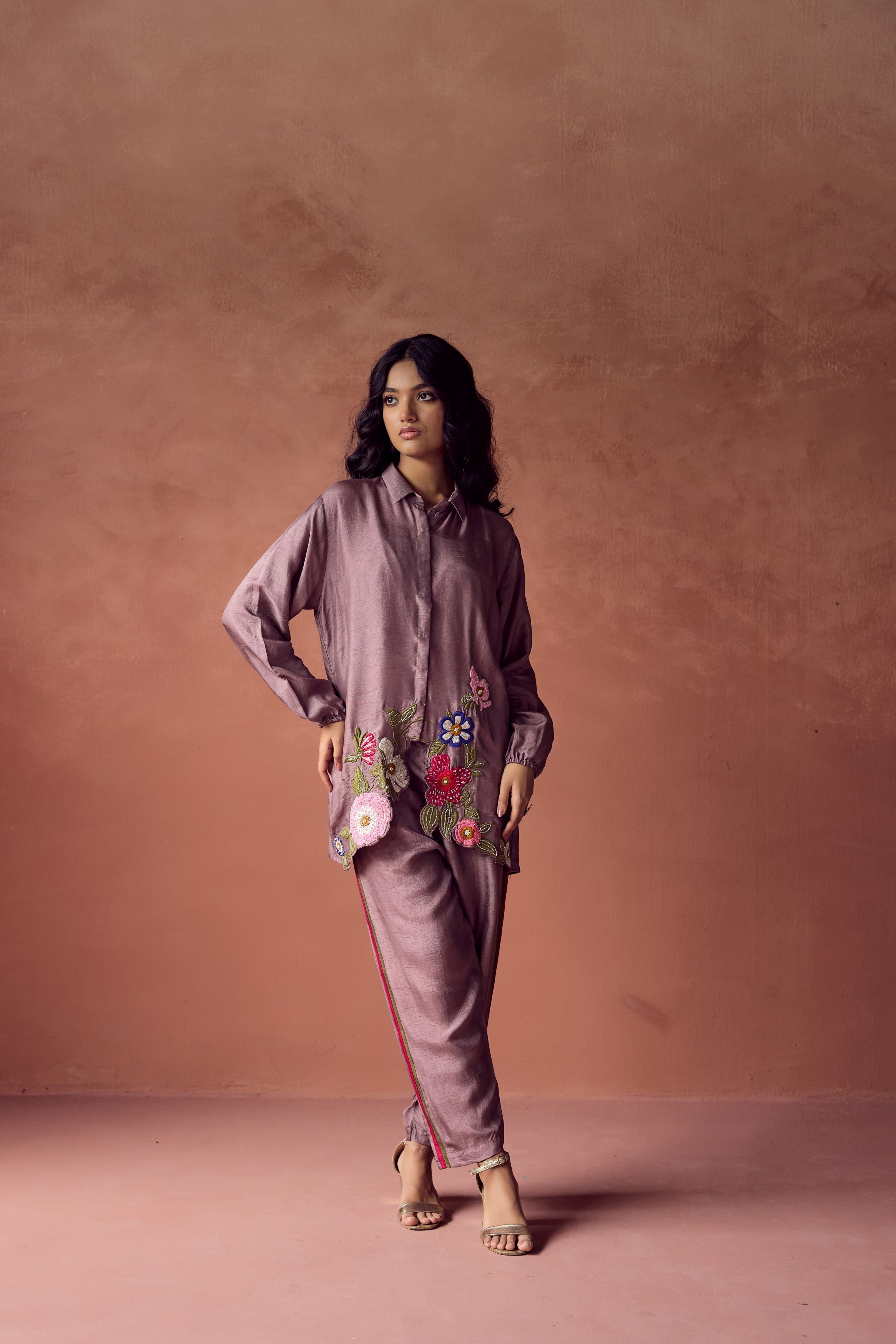 Dusty Mauve Embroidered Raw Silk Co- Ord Set
