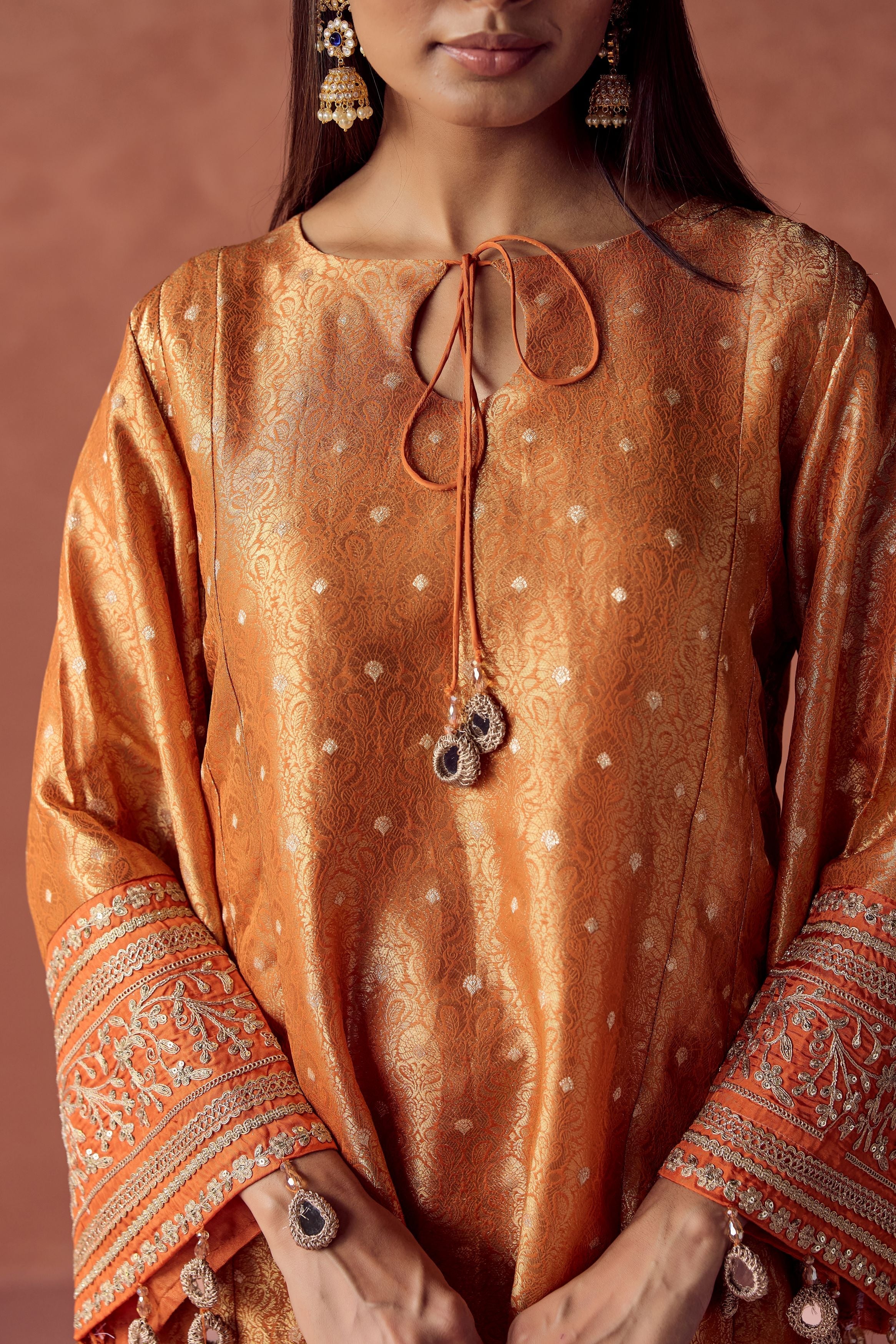 Bright Orange Embellished Brocade Organza Silk Pant Set