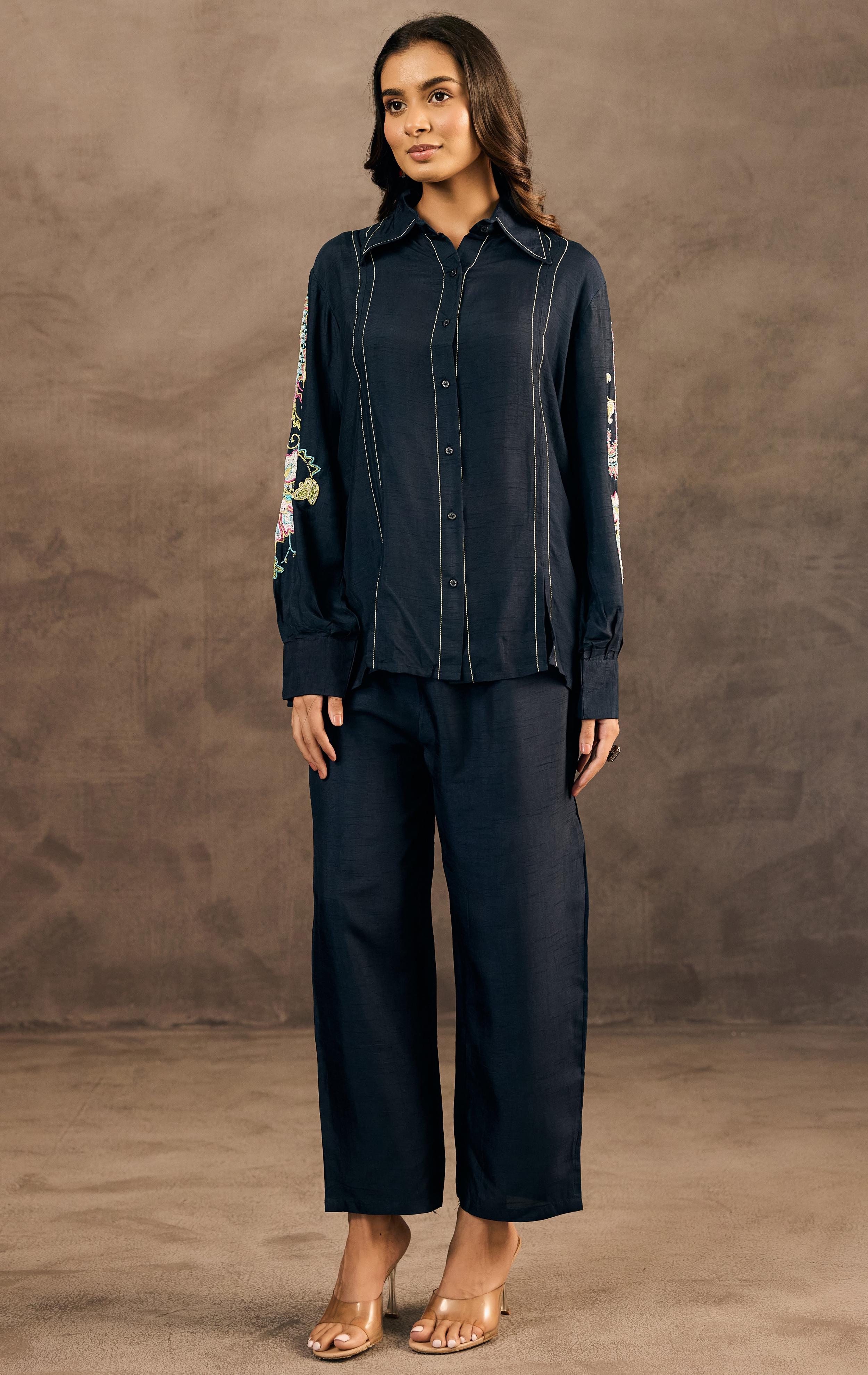 Midnight Blue Embroidered Raw Silk Co-Ord Set