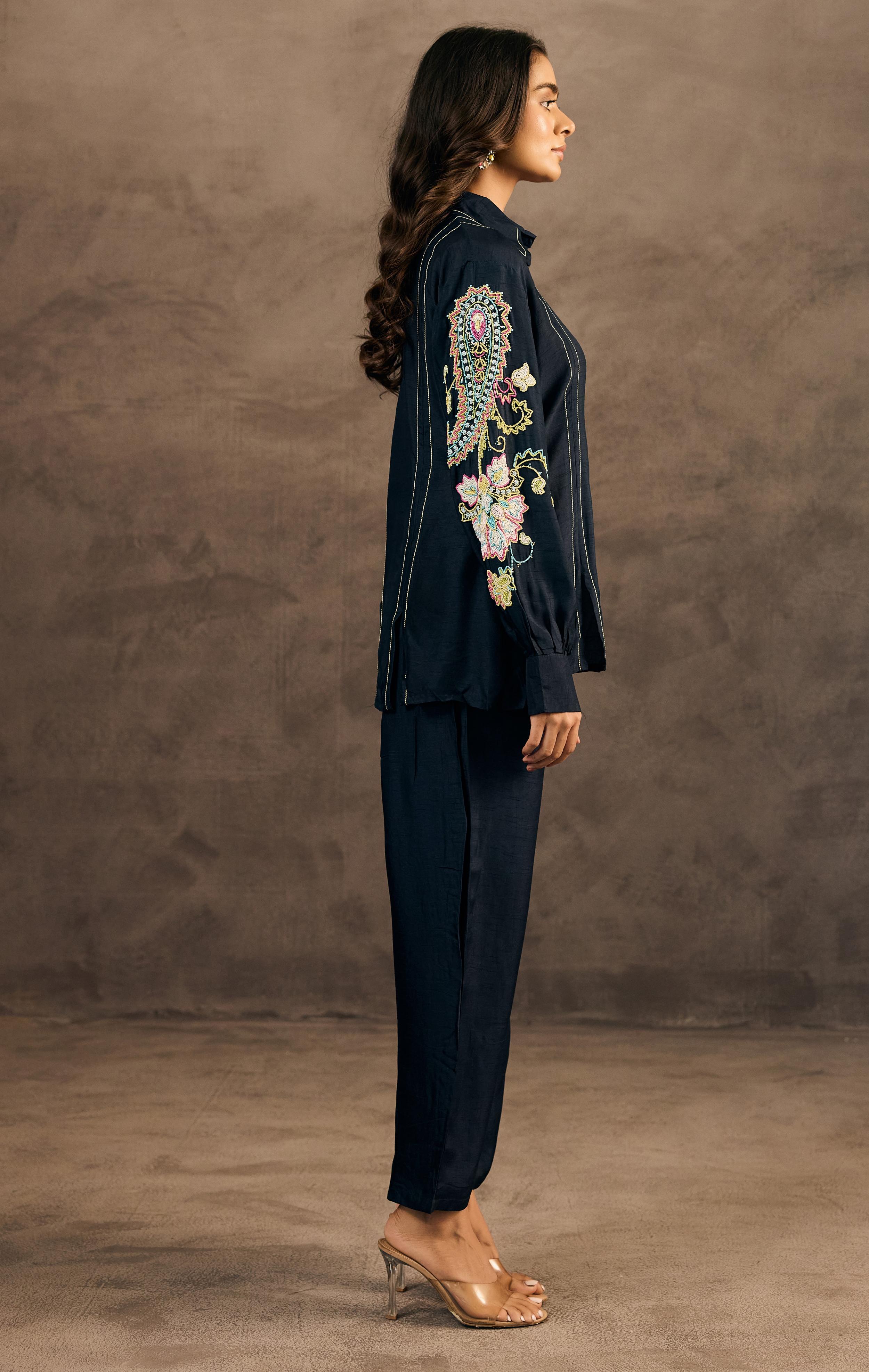Midnight Blue Embroidered Raw Silk Co-Ord Set