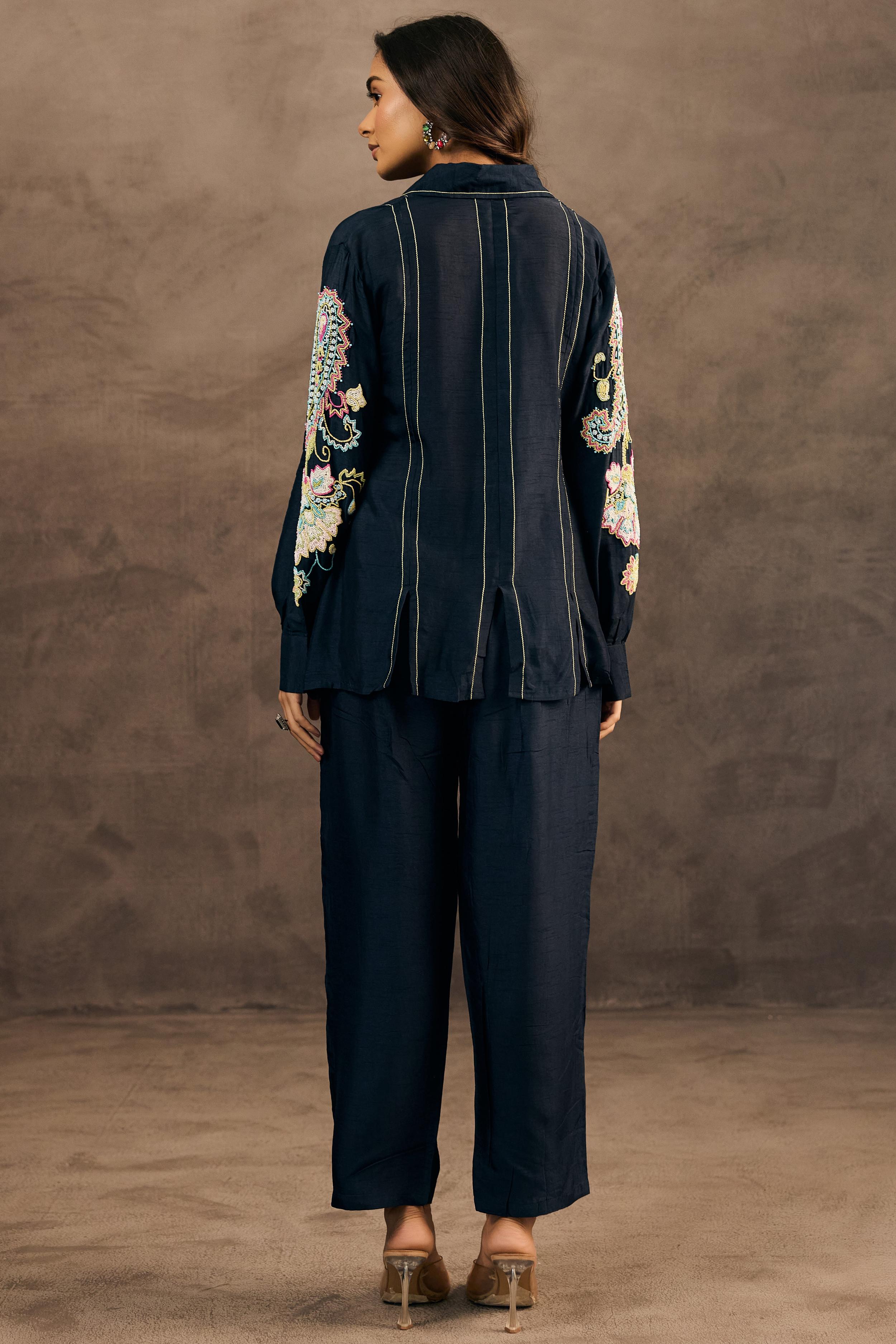 Midnight Blue Embroidered Raw Silk Co-Ord Set