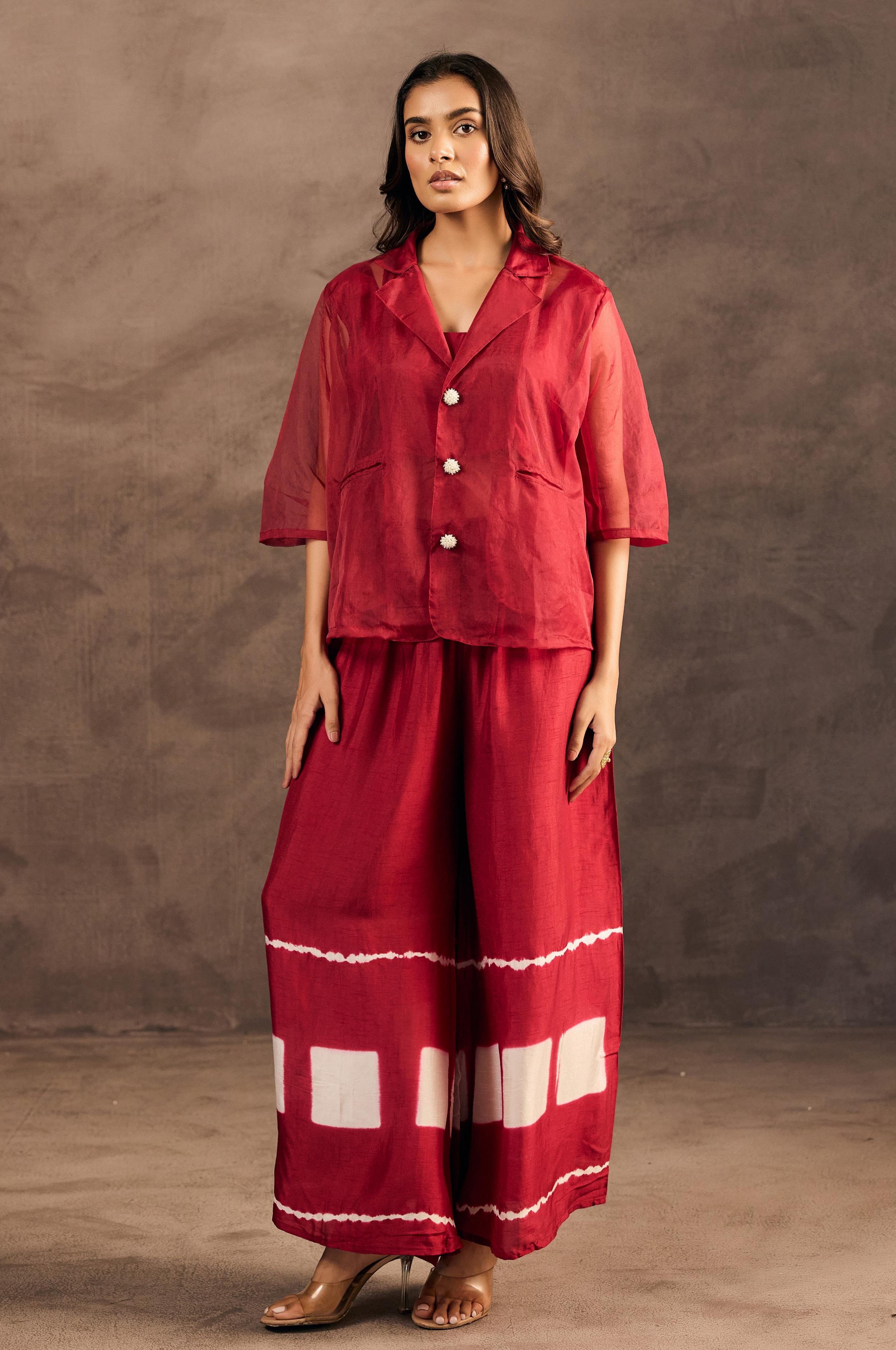 Crimson Red Tie Dye Raw Silk Co-Ord Set