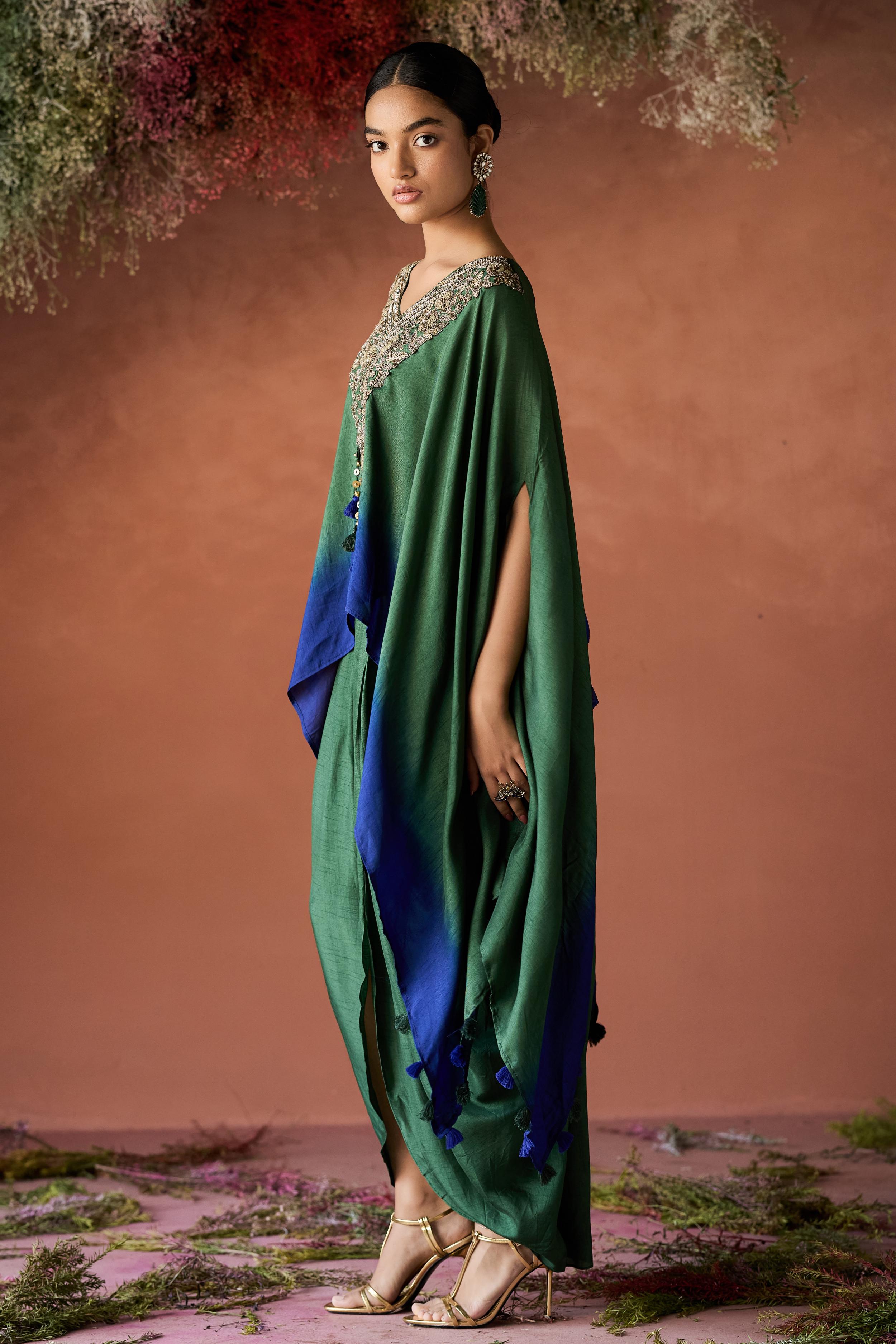 Forest Green Embellished Raw Silk Kaftan Set