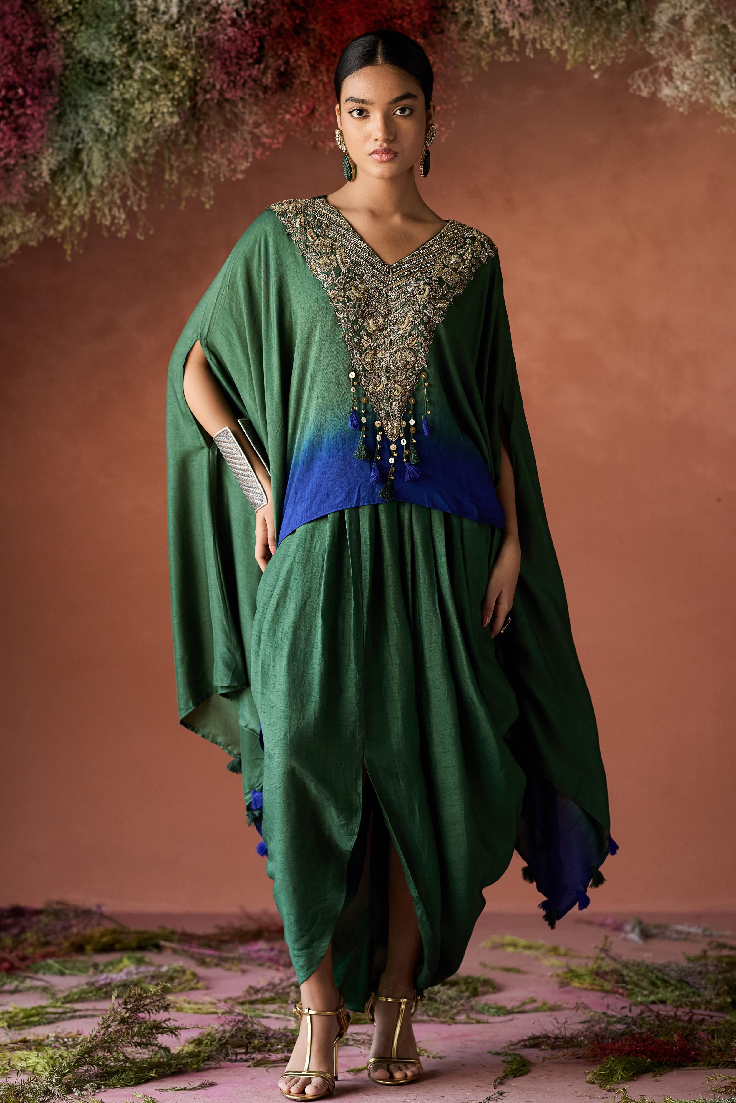 Forest Green Embellished Raw Silk Kaftan Set
