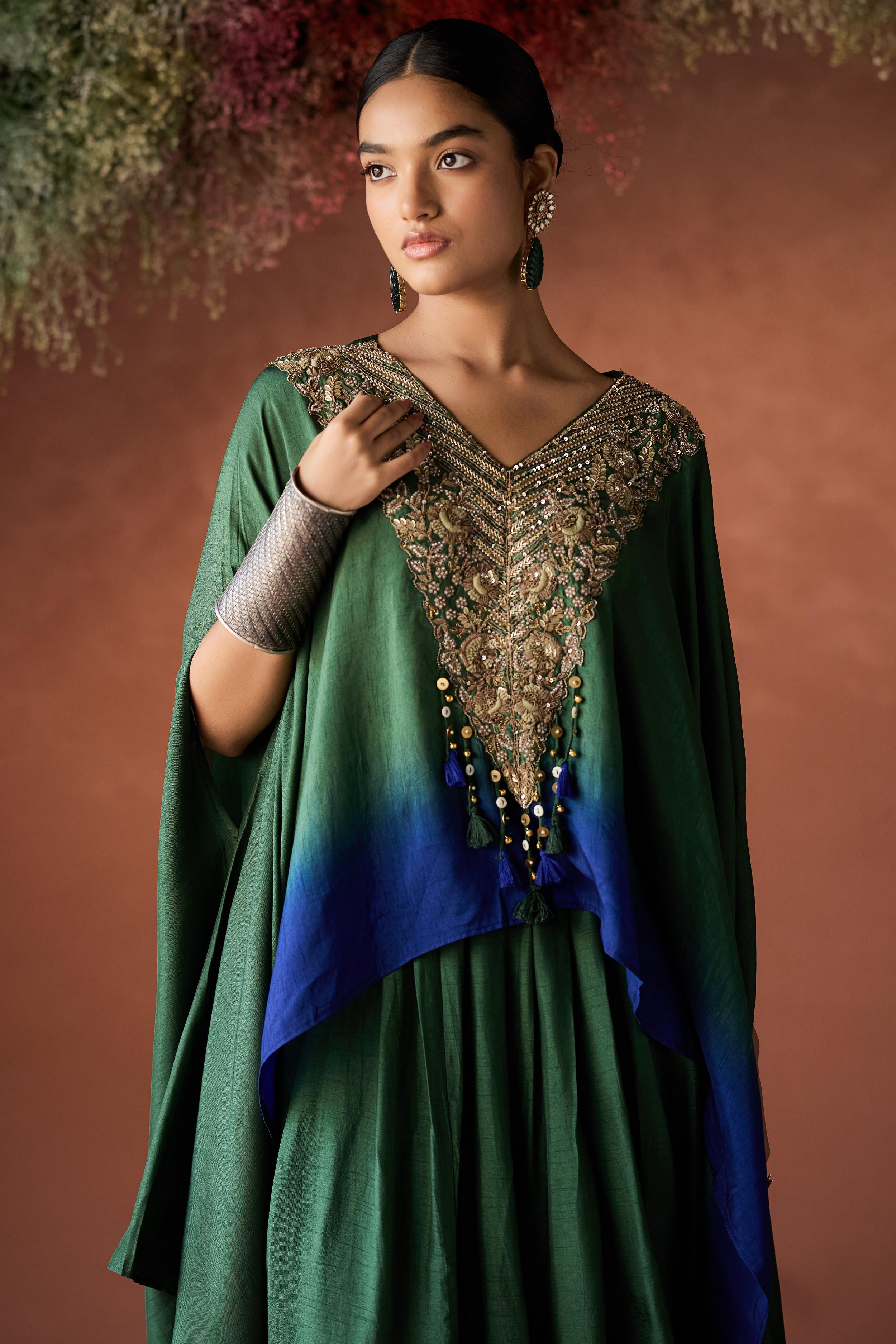 Forest Green Embellished Raw Silk Kaftan Set