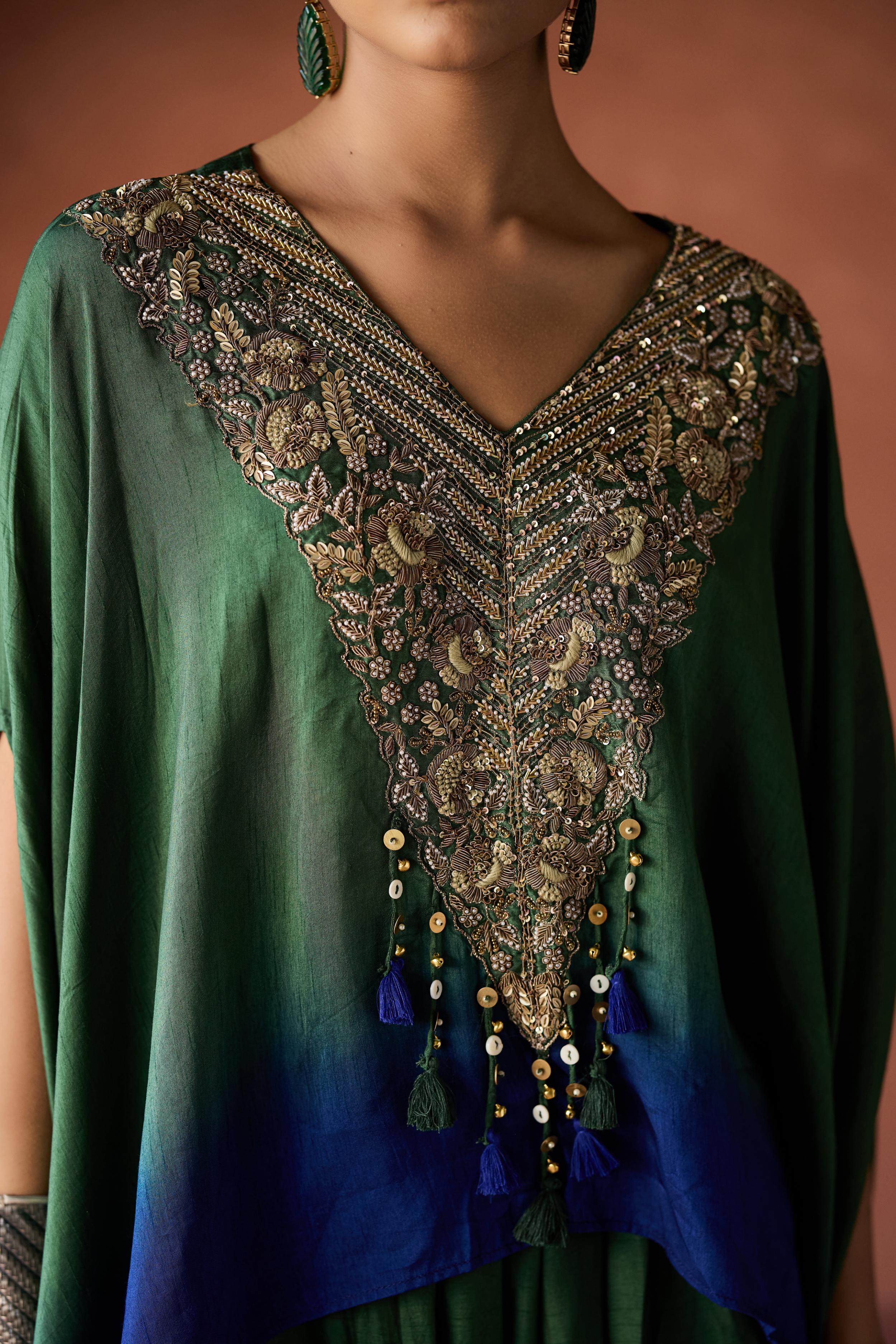 Forest Green Embellished Raw Silk Kaftan Set