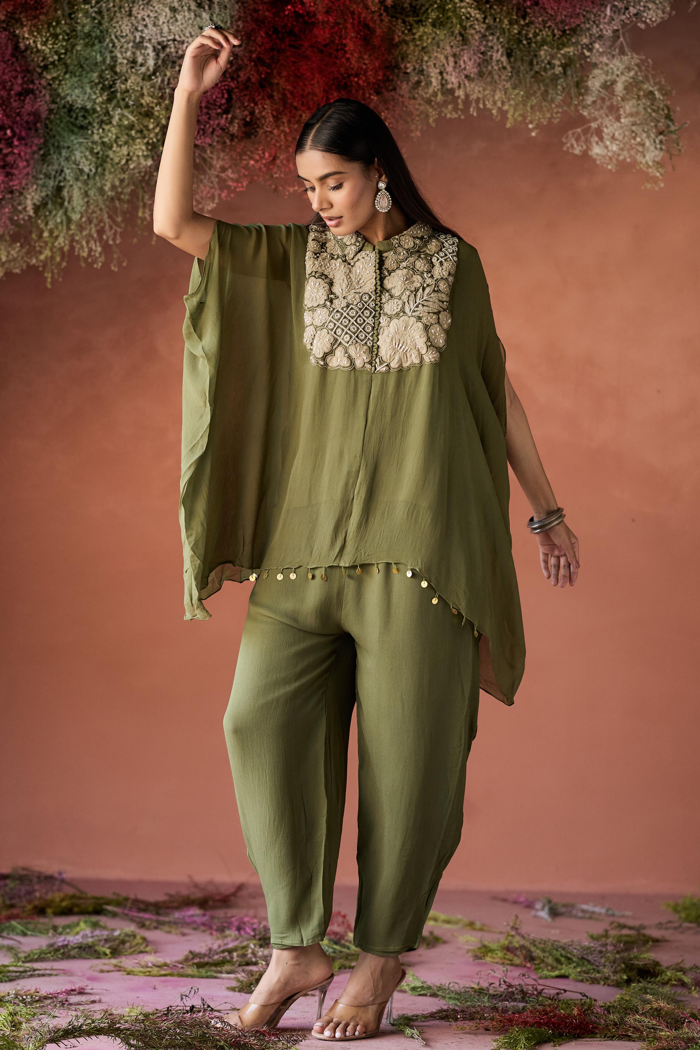 Olive Green Embellished Georgette Kaftan Set