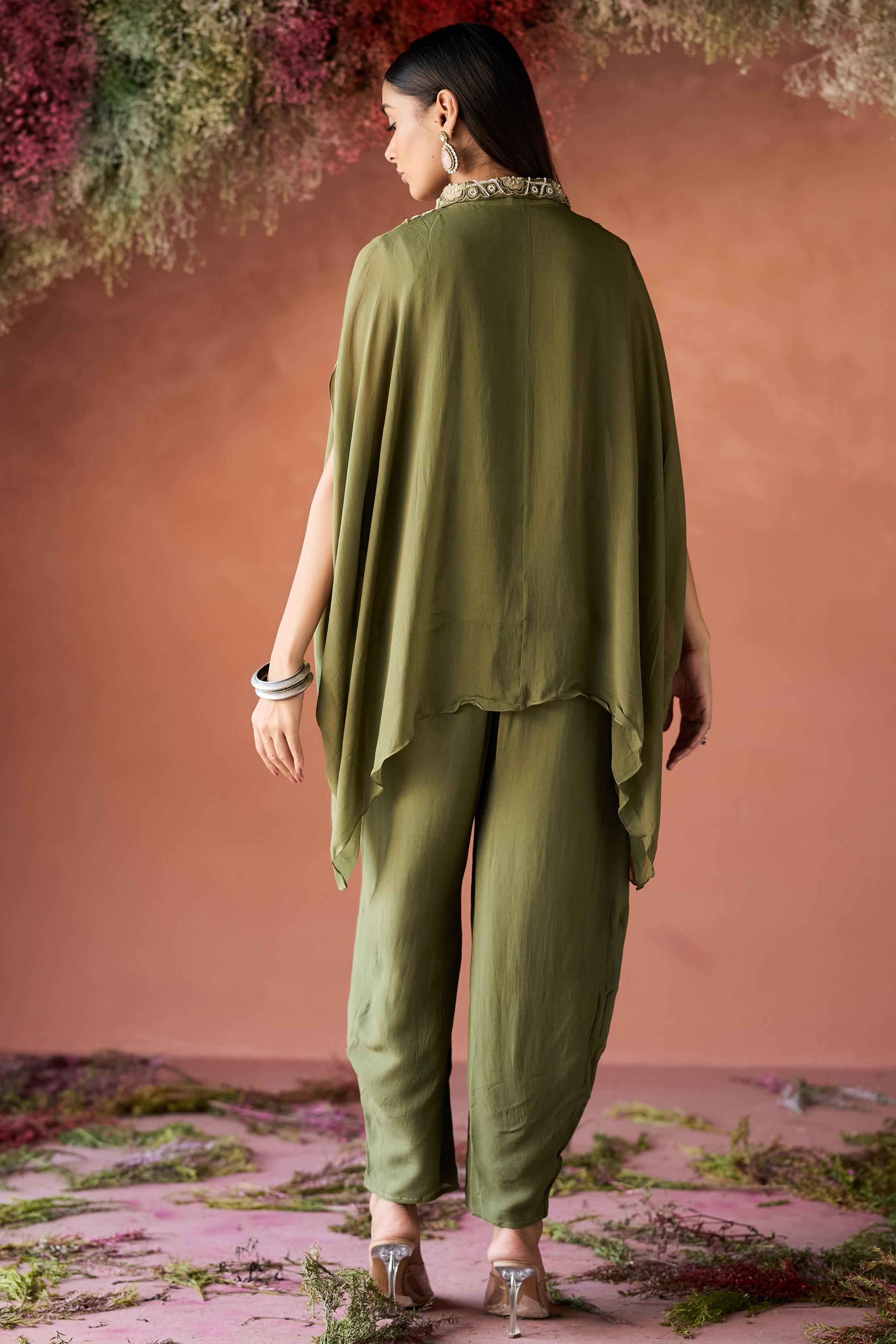 Olive Green Embellished Georgette Kaftan Set