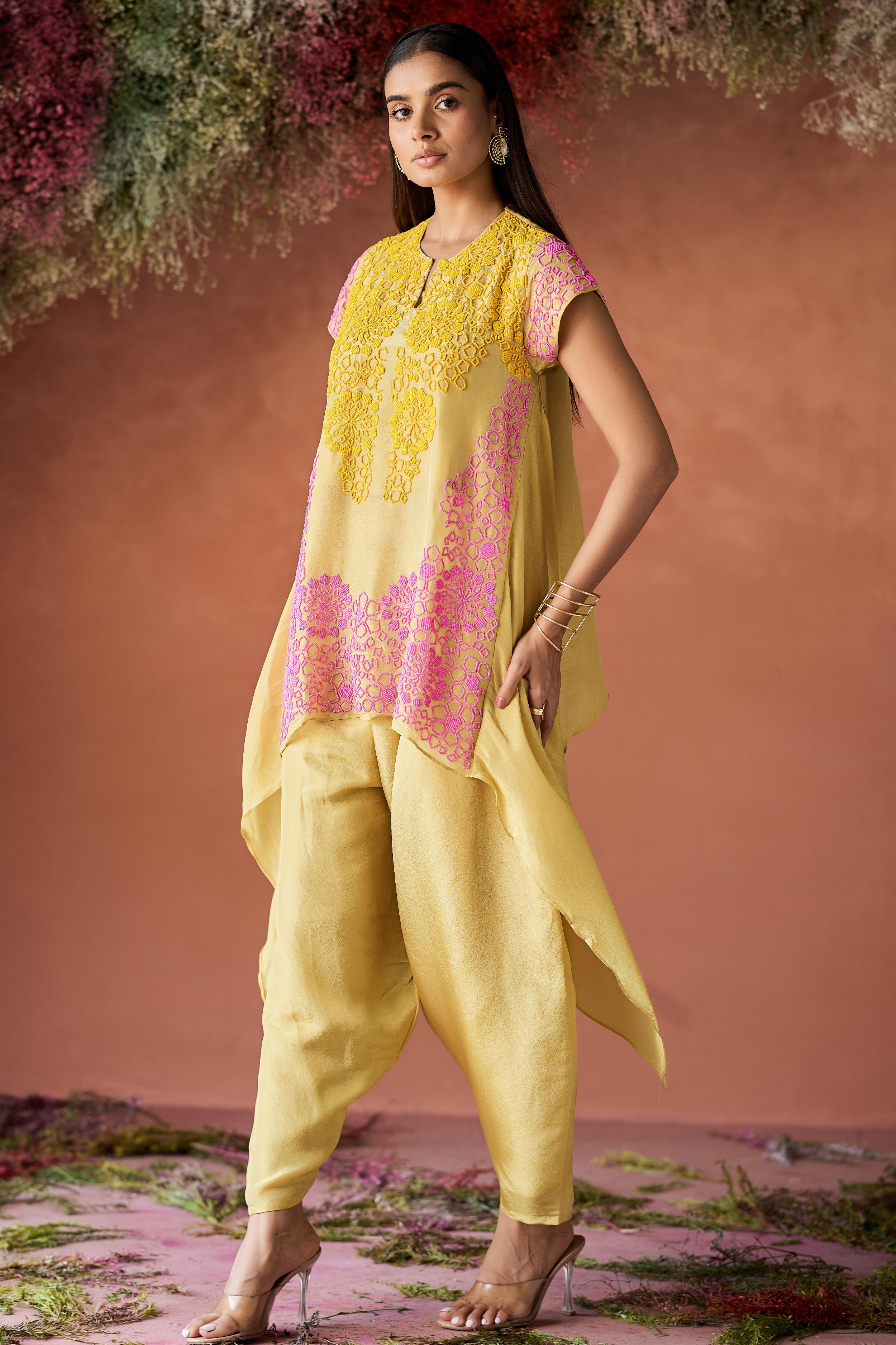 Lemon Yellow Embellished Shimmer Silk Co-Ord Set