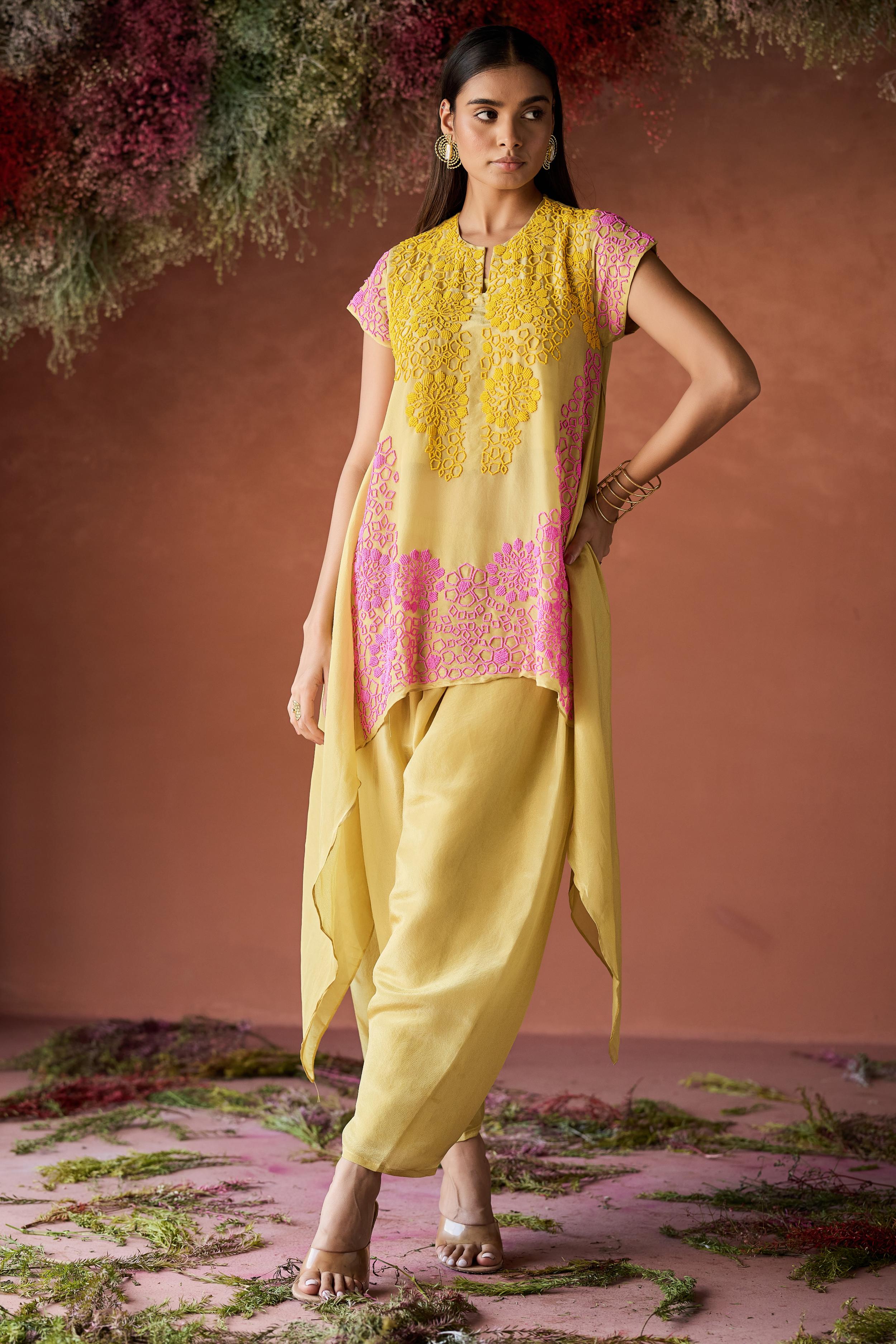 Lemon Yellow Embellished Shimmer Silk Co-Ord Set