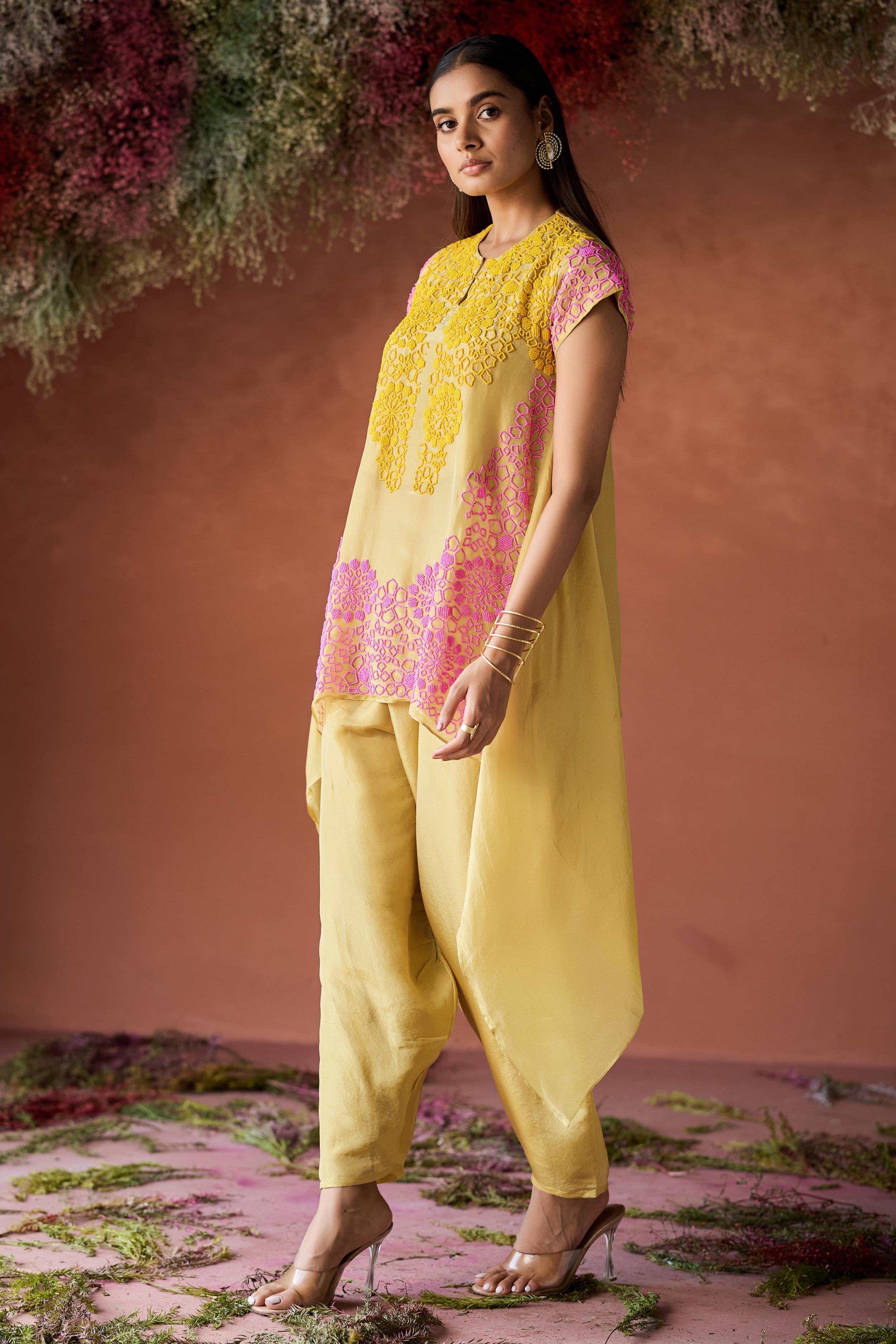 Lemon Yellow Embellished Shimmer Silk Co-Ord Set