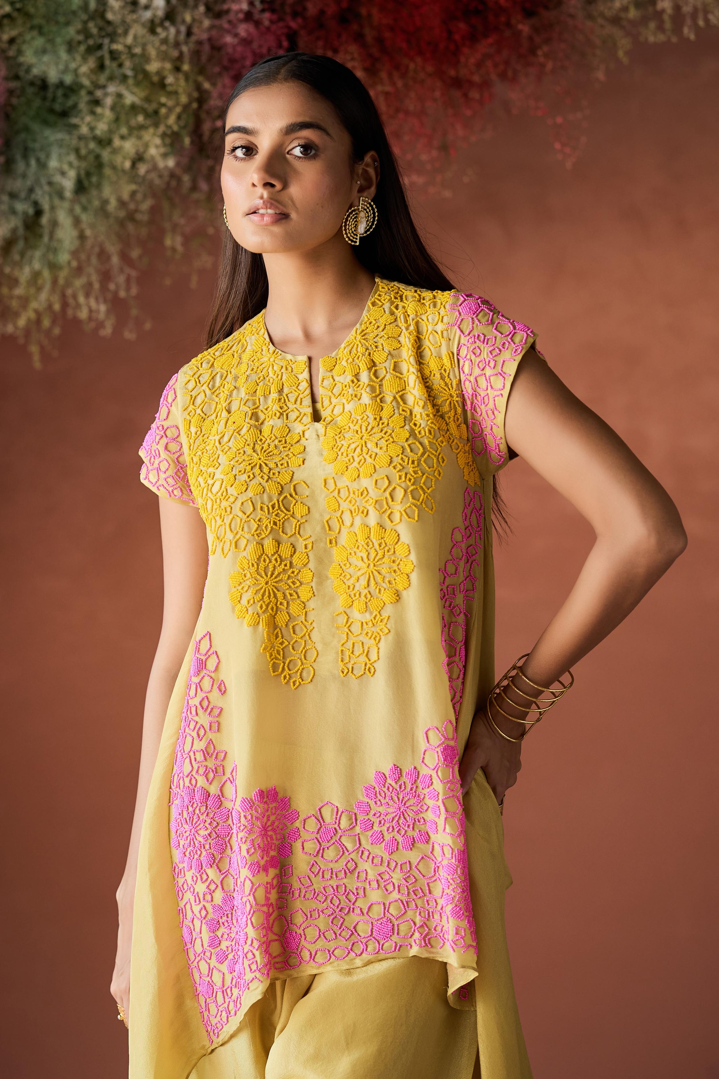 Lemon Yellow Embellished Shimmer Silk Co-Ord Set