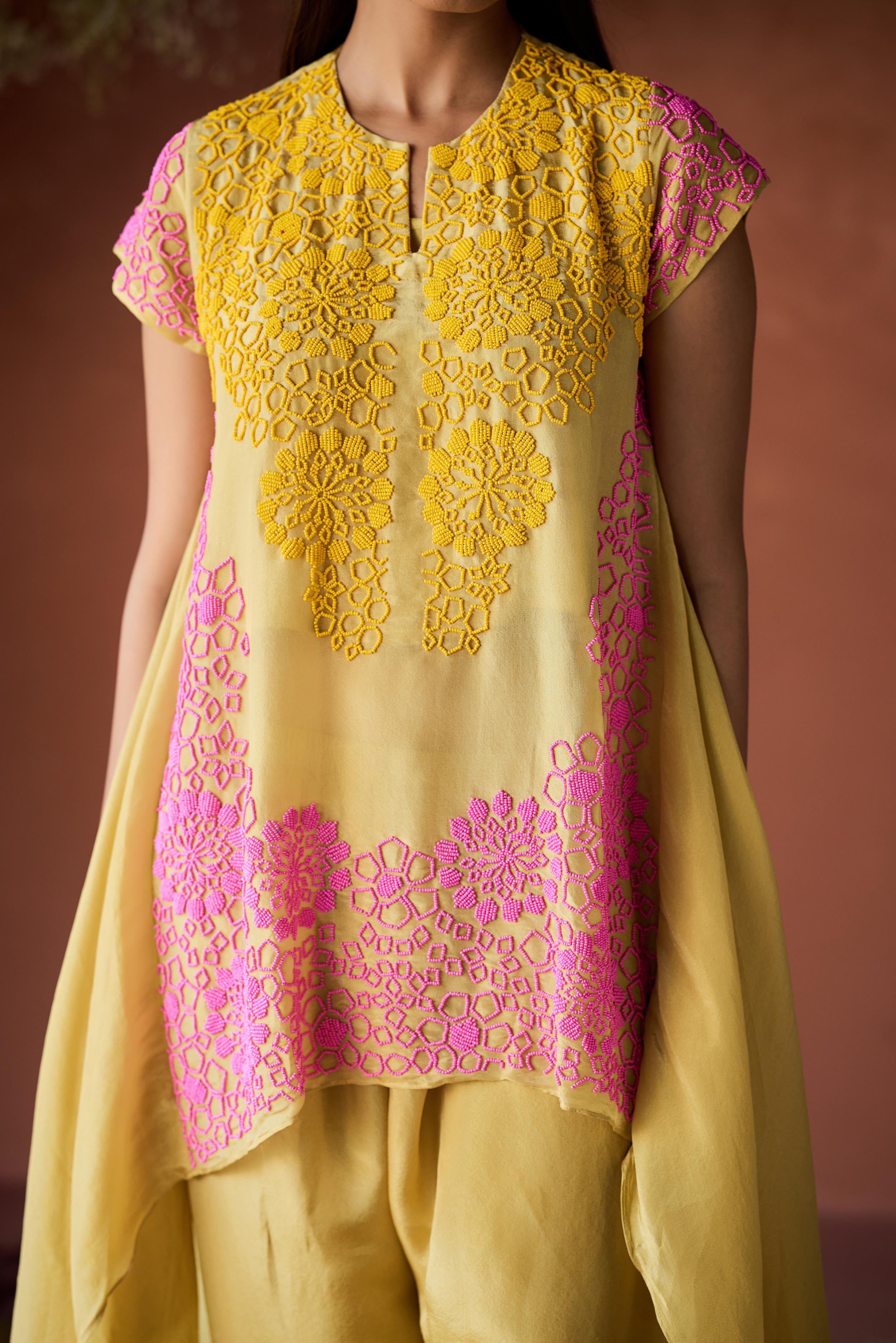 Lemon Yellow Embellished Shimmer Silk Co-Ord Set