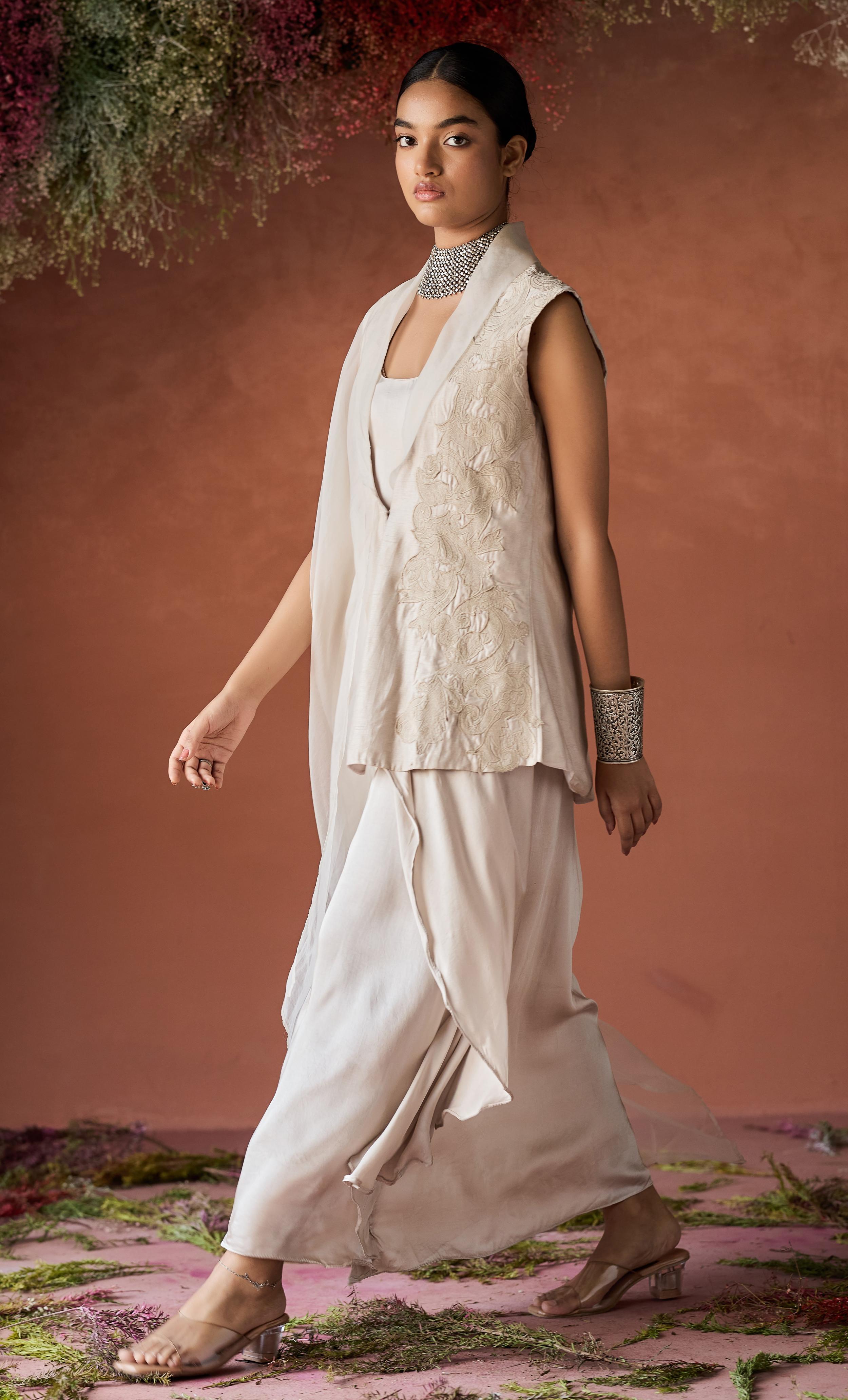 White Embroidered Raw Silk Jacket Dress