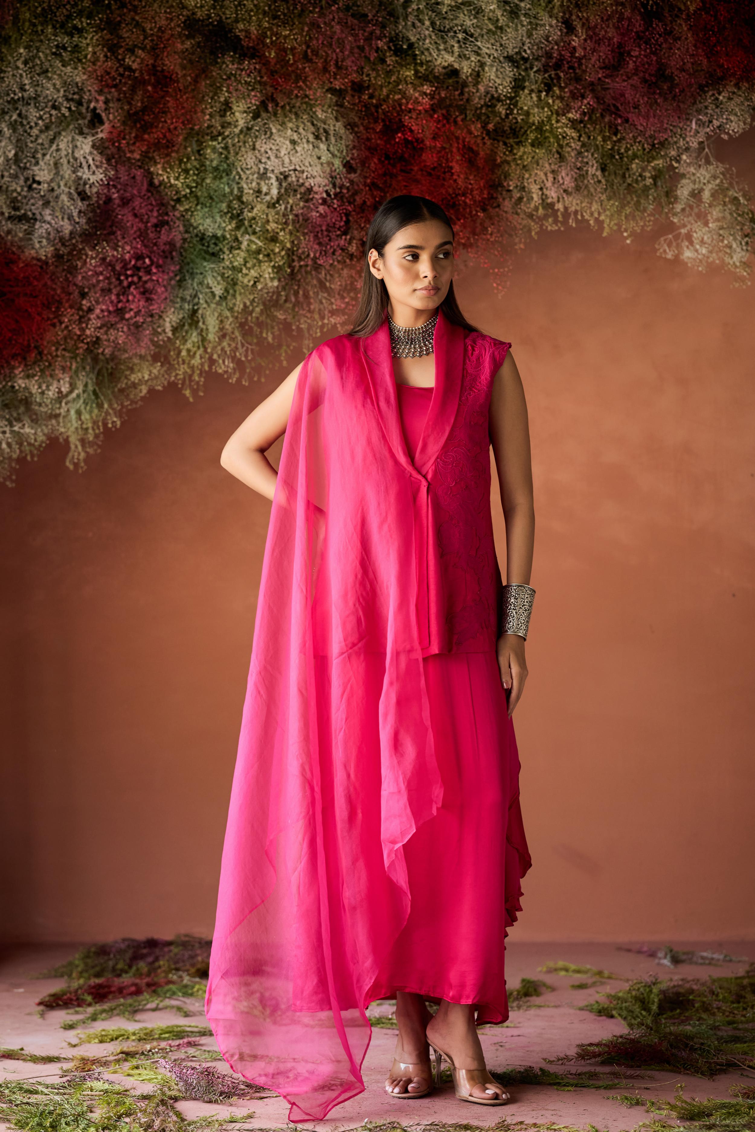 Fuchsia Pink Embroidered Raw Silk Jacket Dress