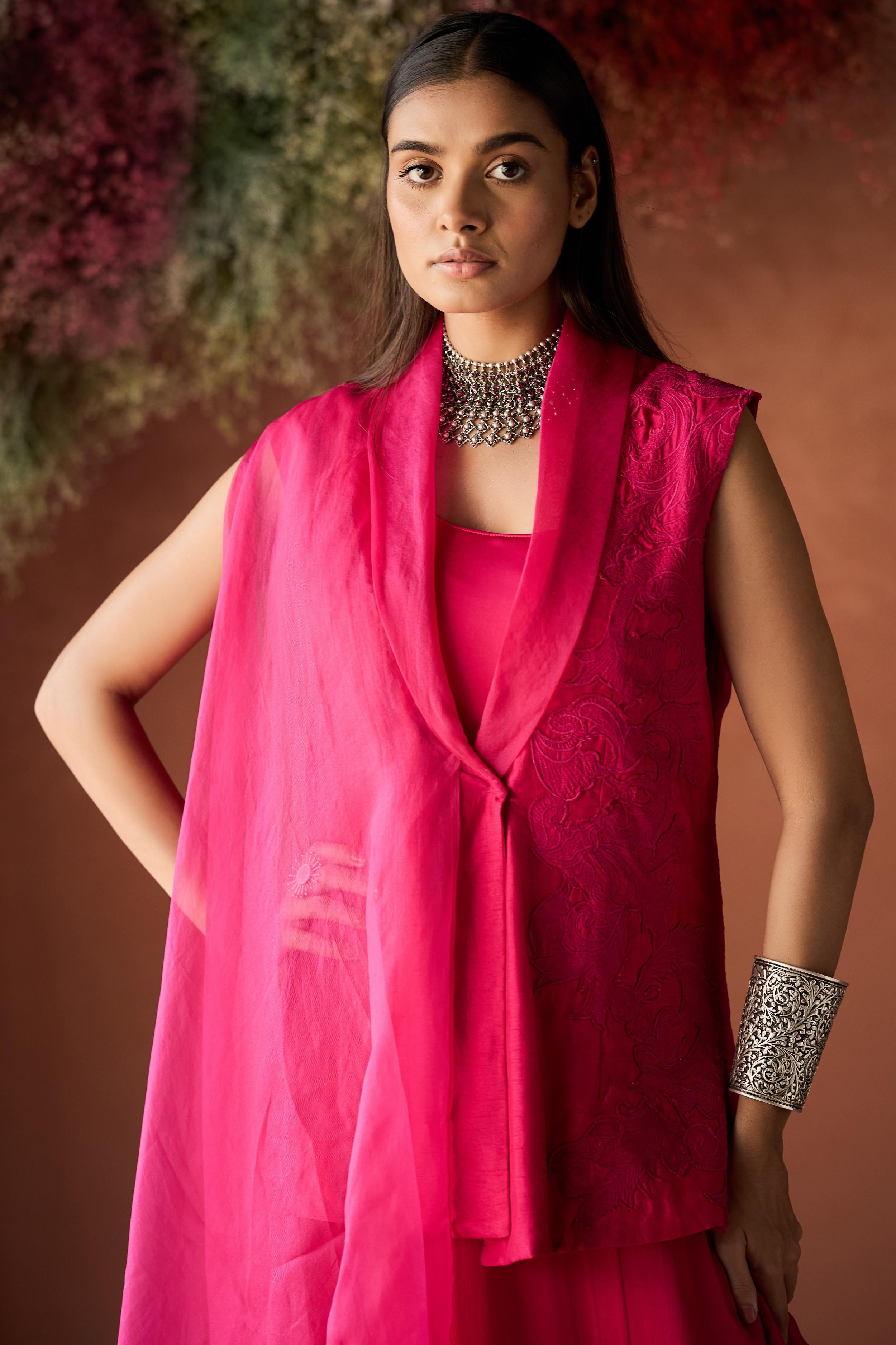Fuchsia Pink Embroidered Raw Silk Jacket Dress