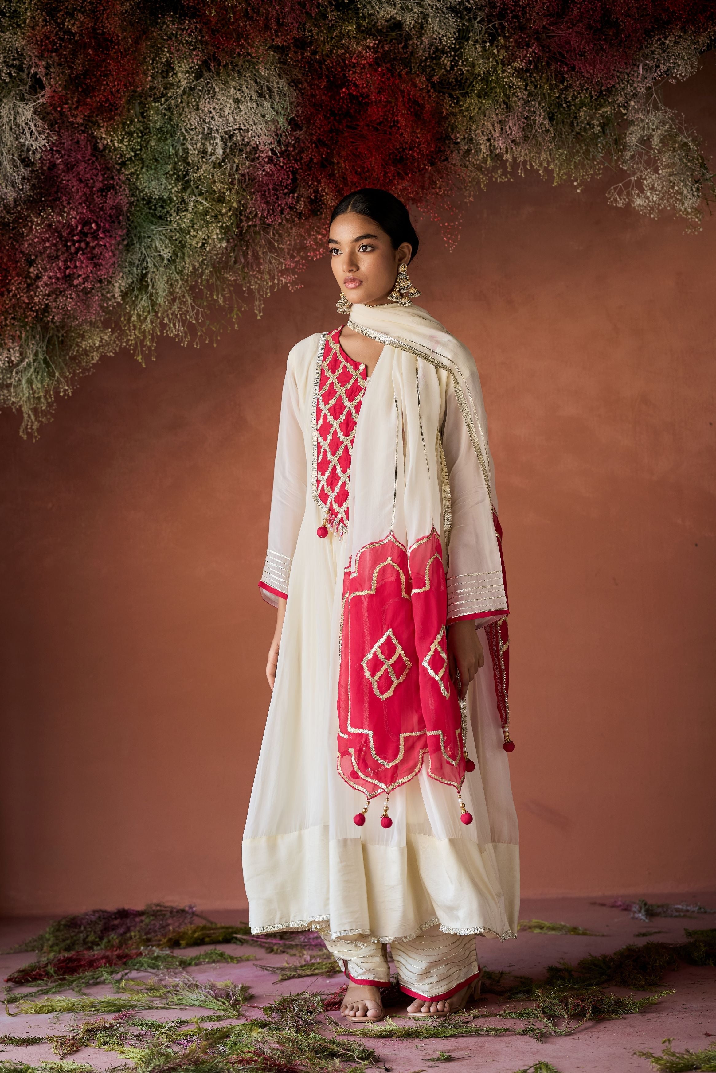 Off White Raw Silk Anarkali Set