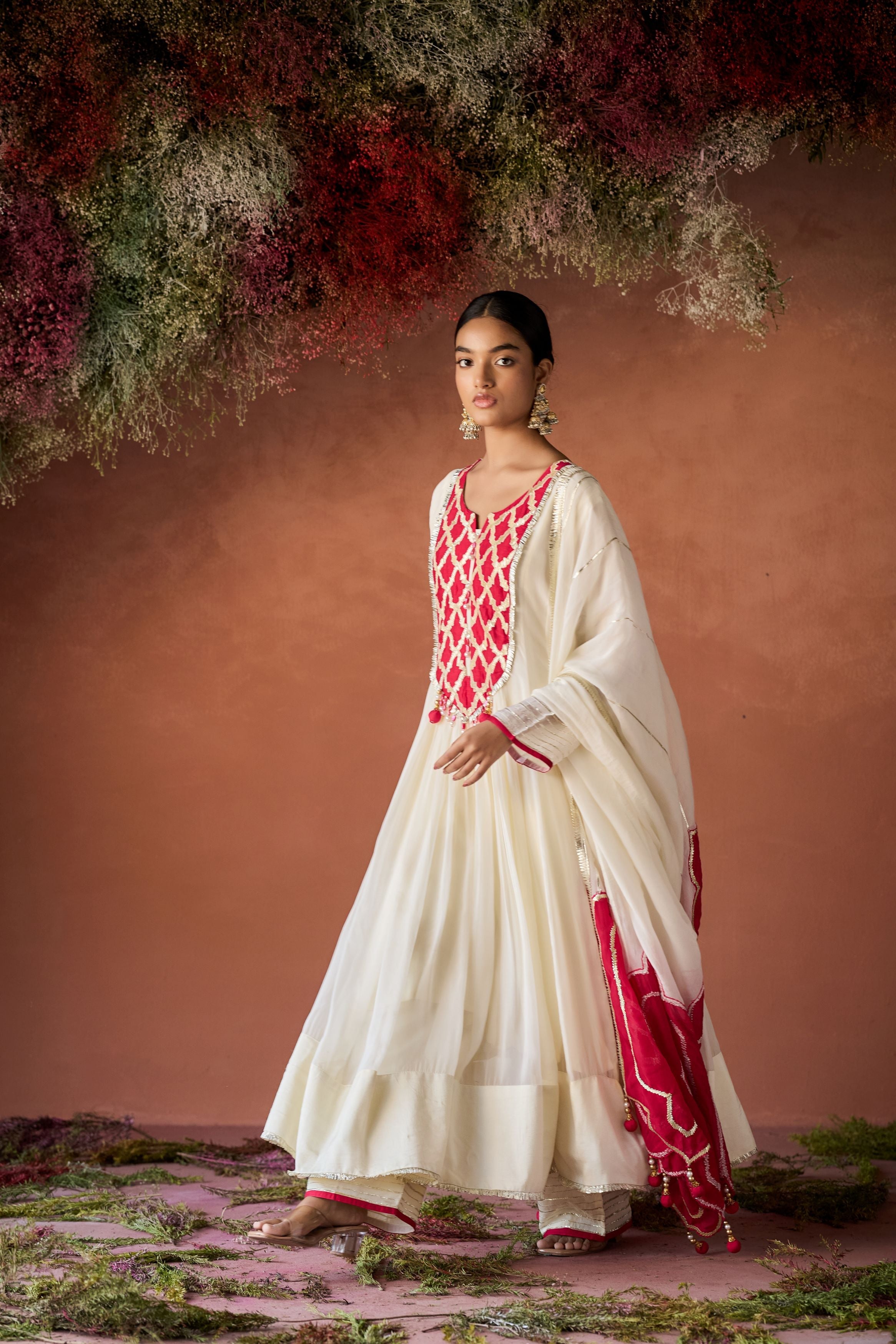 Off White Raw Silk Anarkali Set