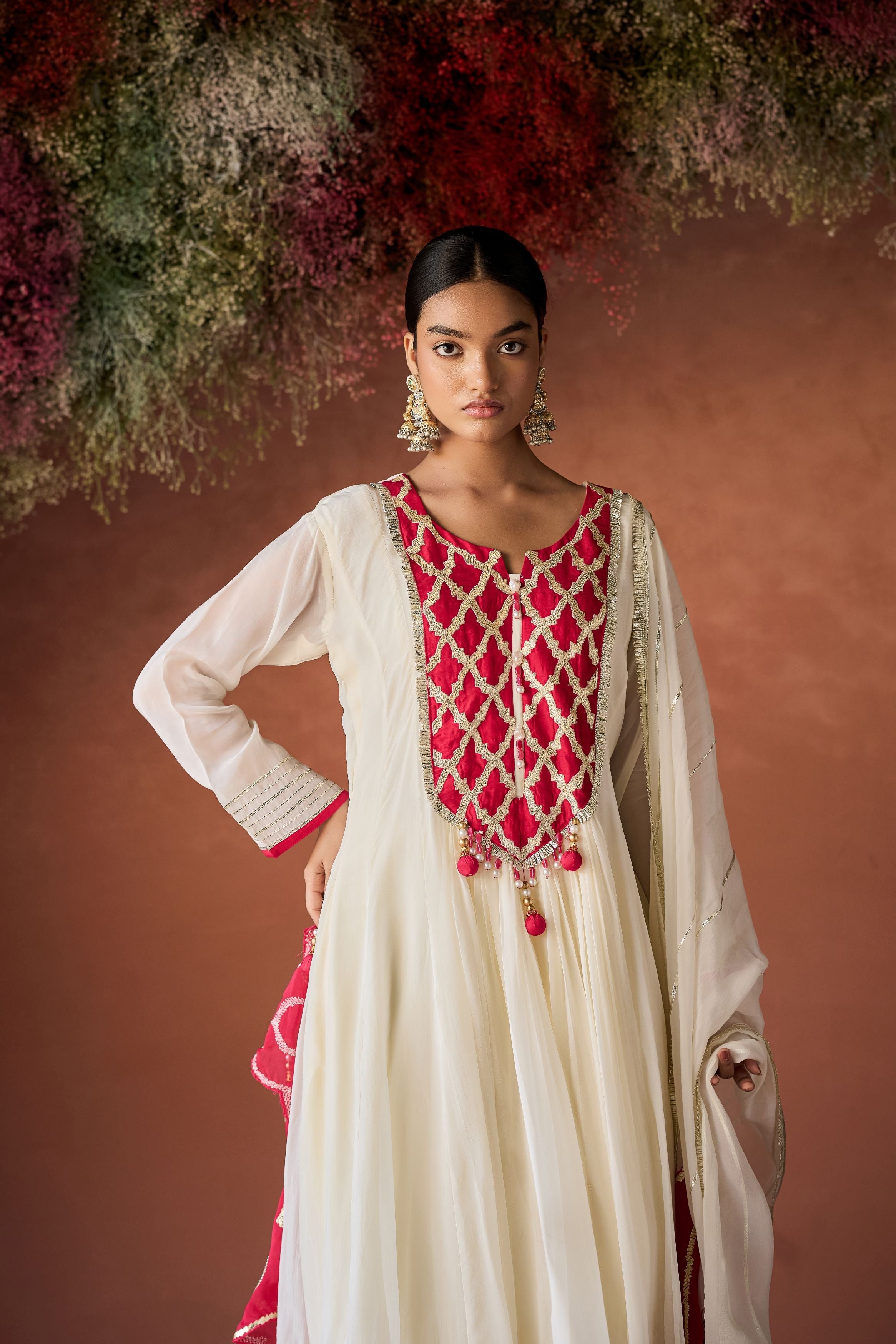 Off White Raw Silk Anarkali Set