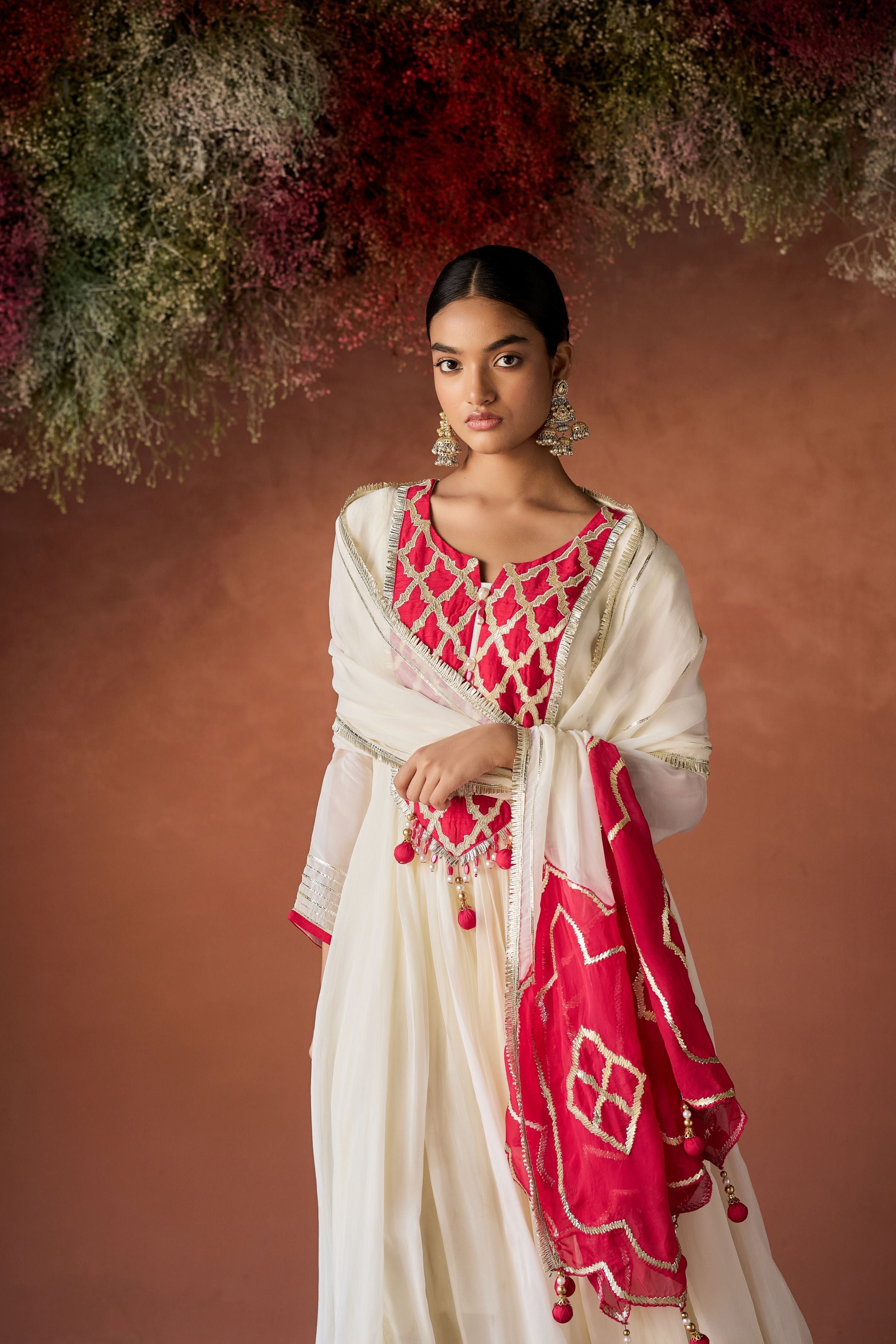 Off White Raw Silk Anarkali Set