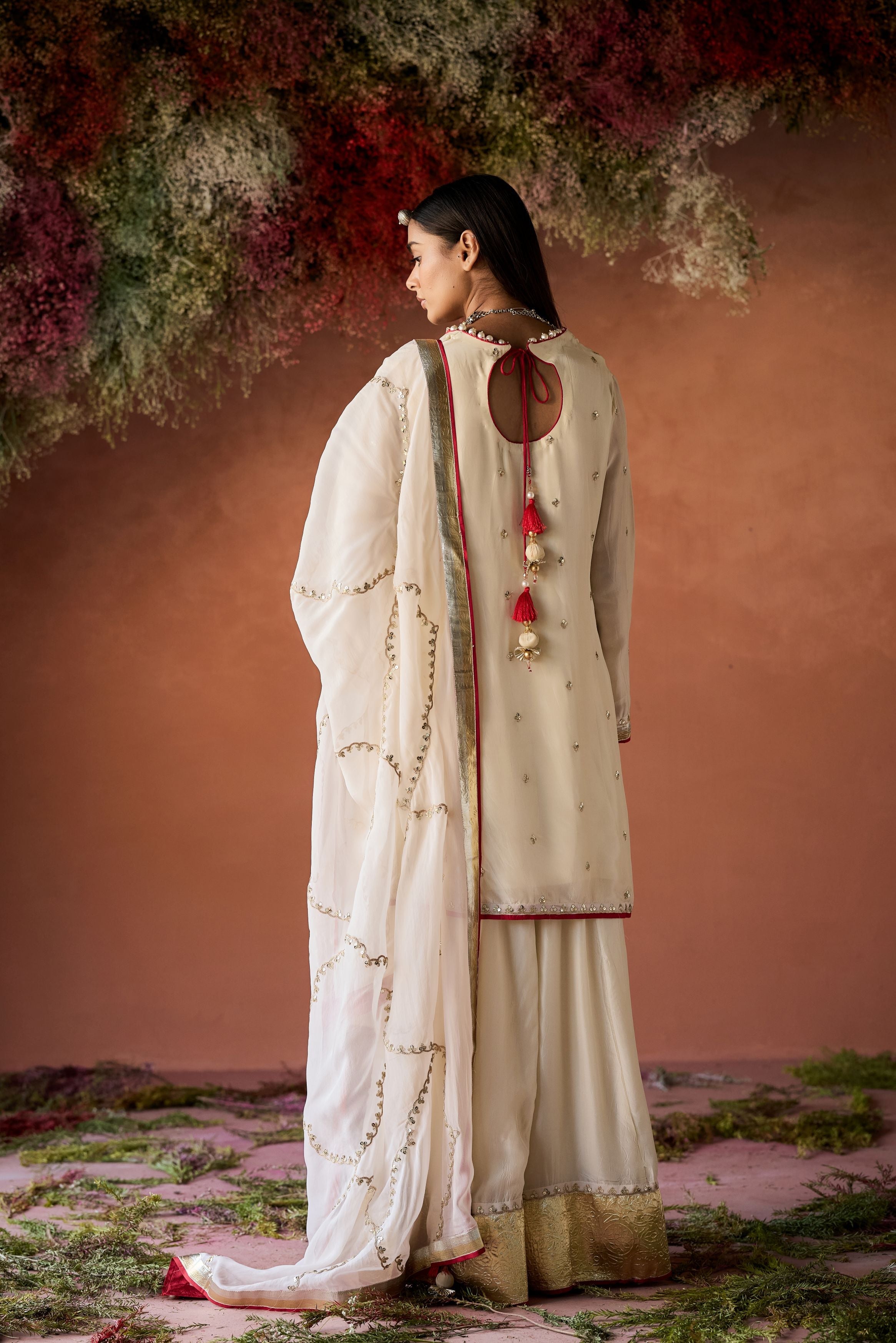 Pastel Cream Embellished Premium Silk Palazzo Set