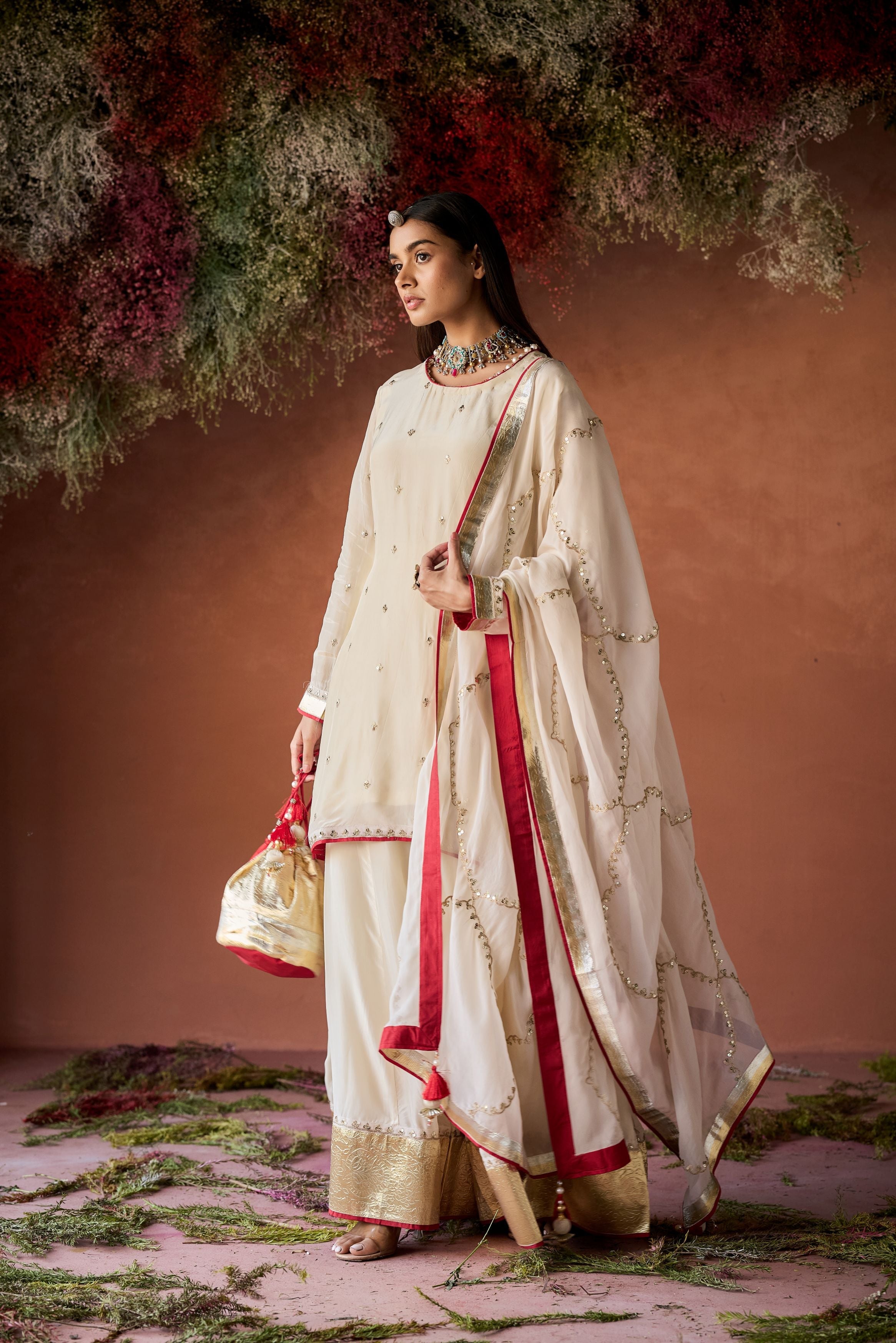 Pastel Cream Embellished Premium Silk Palazzo Set