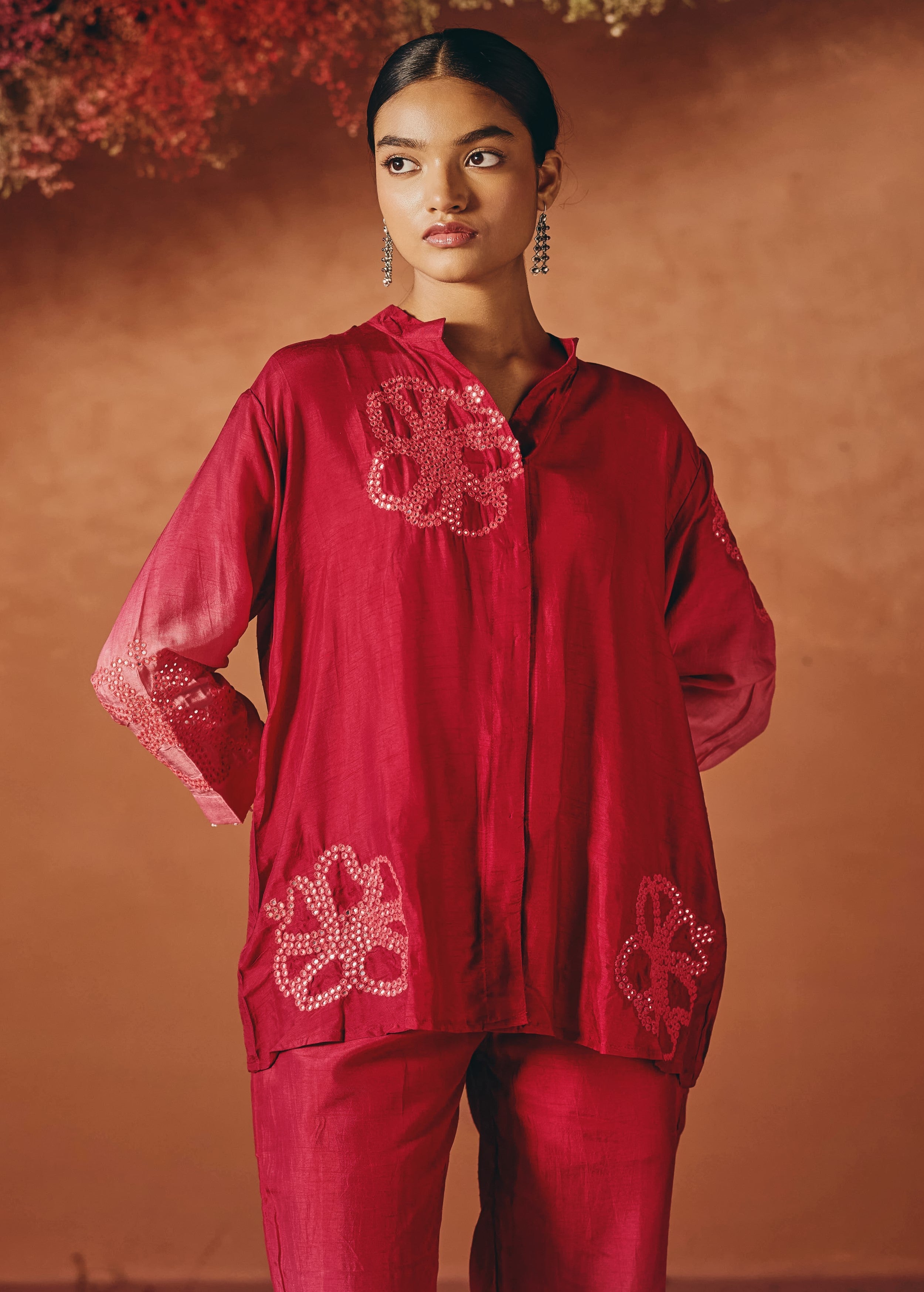 Berry Bloom Embellished Raw Silk Co-Ord Set