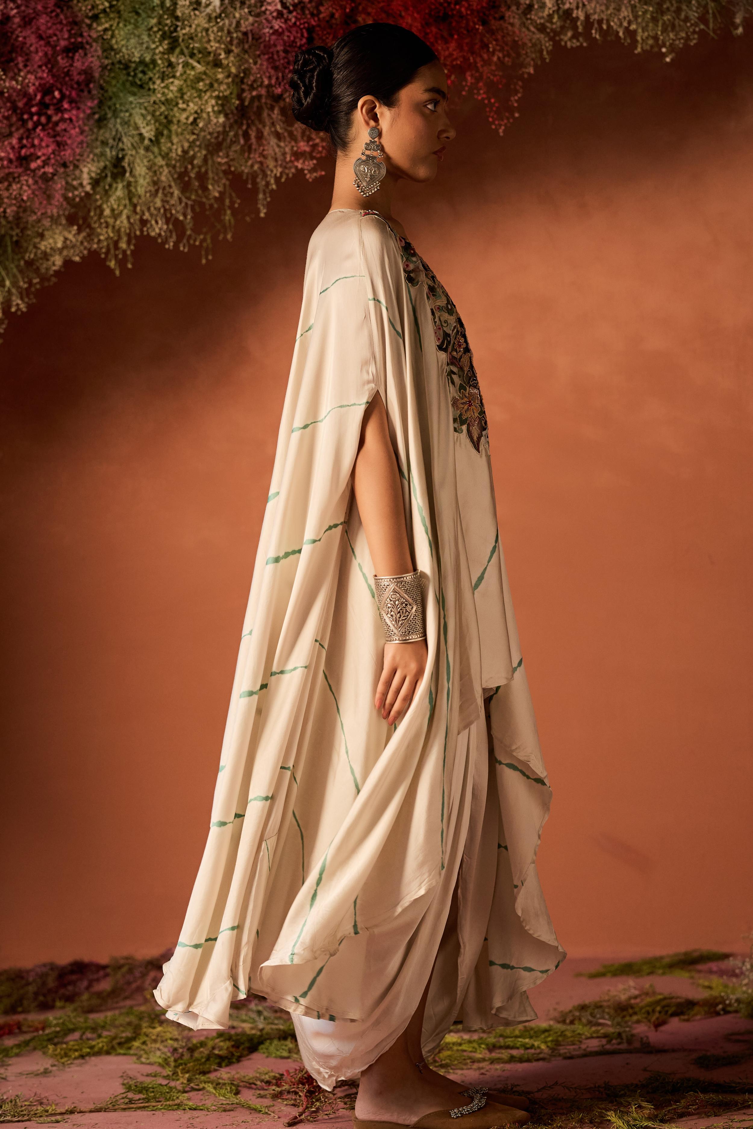 Ivory Embellished Satin Silk Kaftan Set