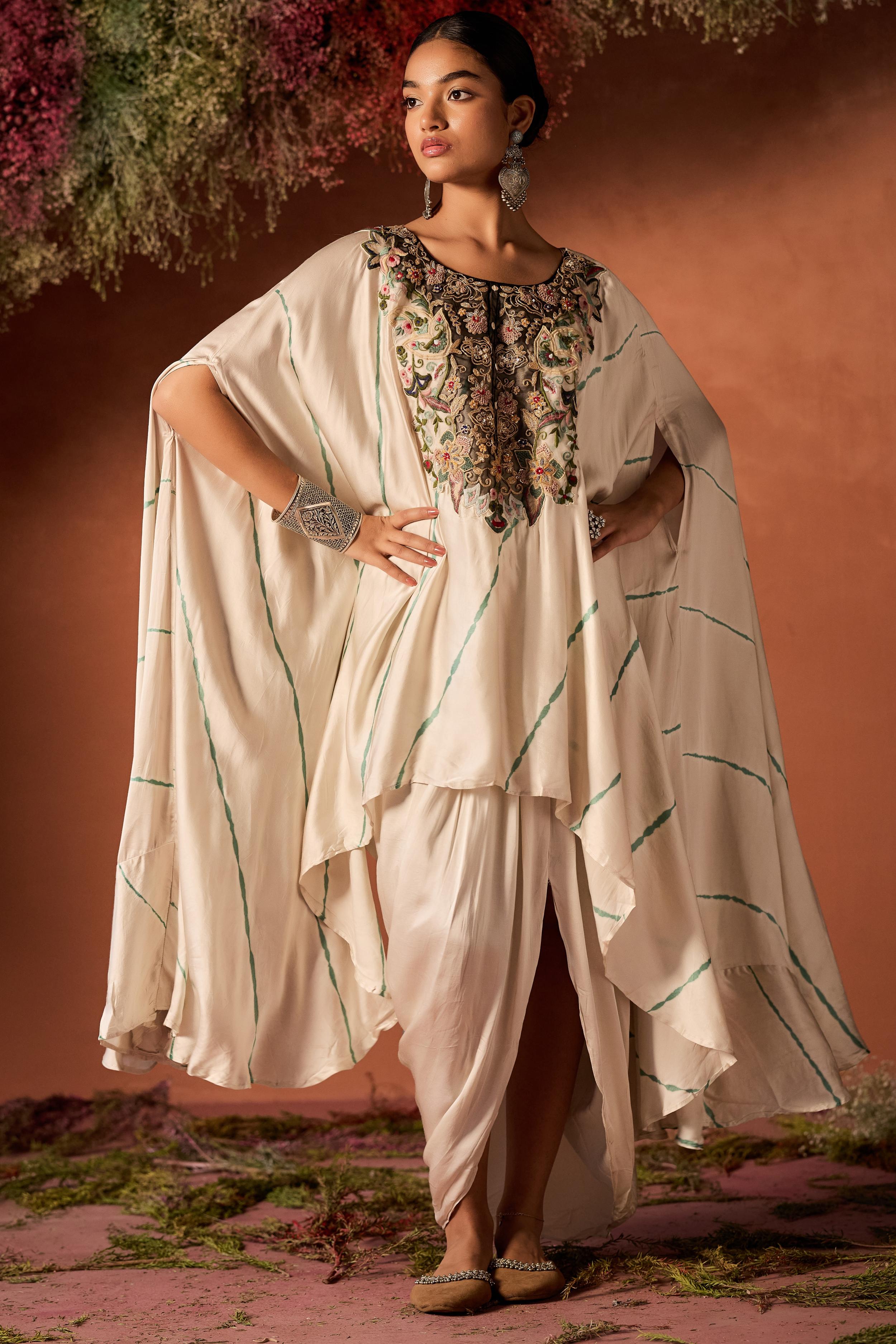 Ivory Embellished Satin Silk Kaftan Set