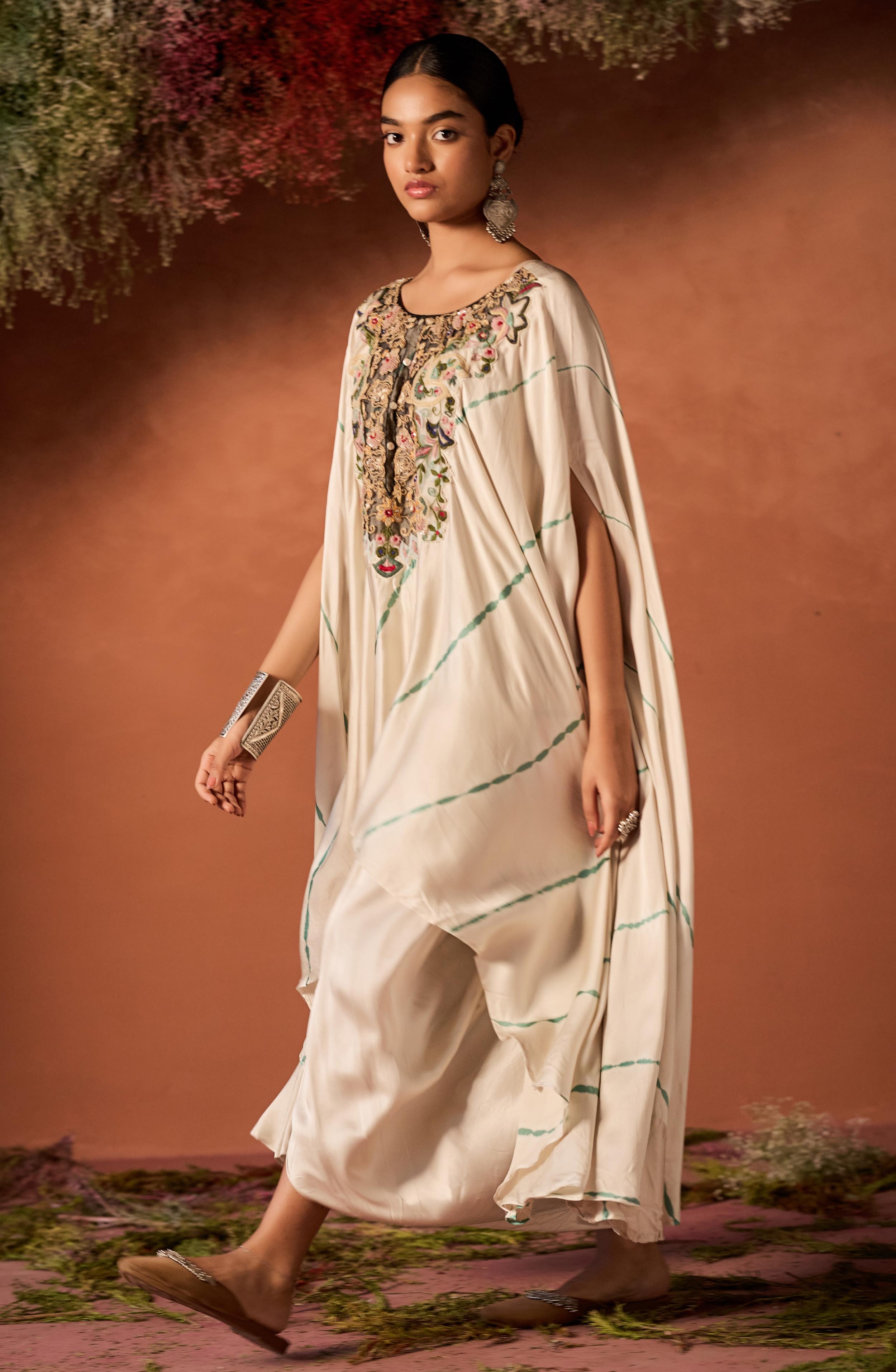 Ivory Embellished Satin Silk Kaftan Set